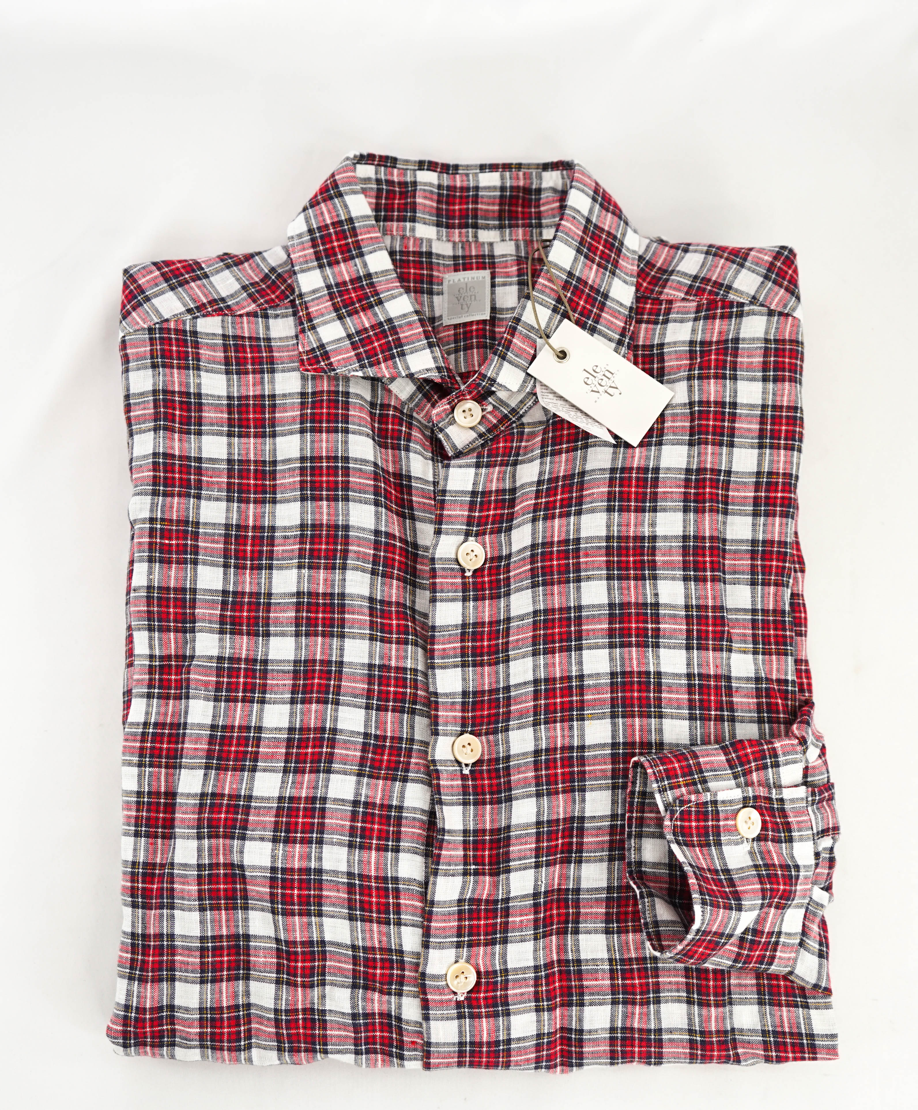 $395 ELEVENTY - Classic Check Soft LINEN Red Button Dress Shirt - M