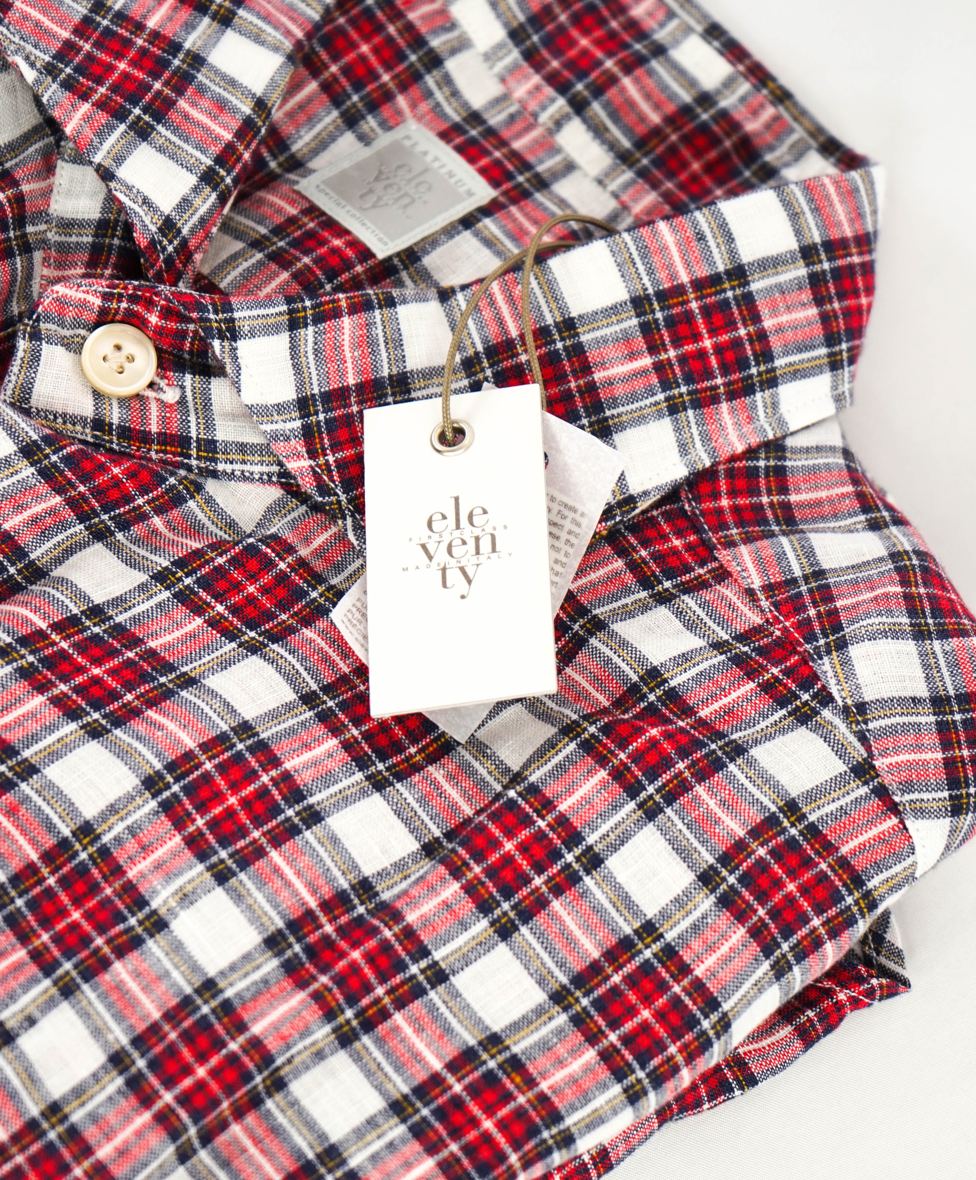 $395 ELEVENTY - Classic Check Soft LINEN Red Button Dress Shirt - M