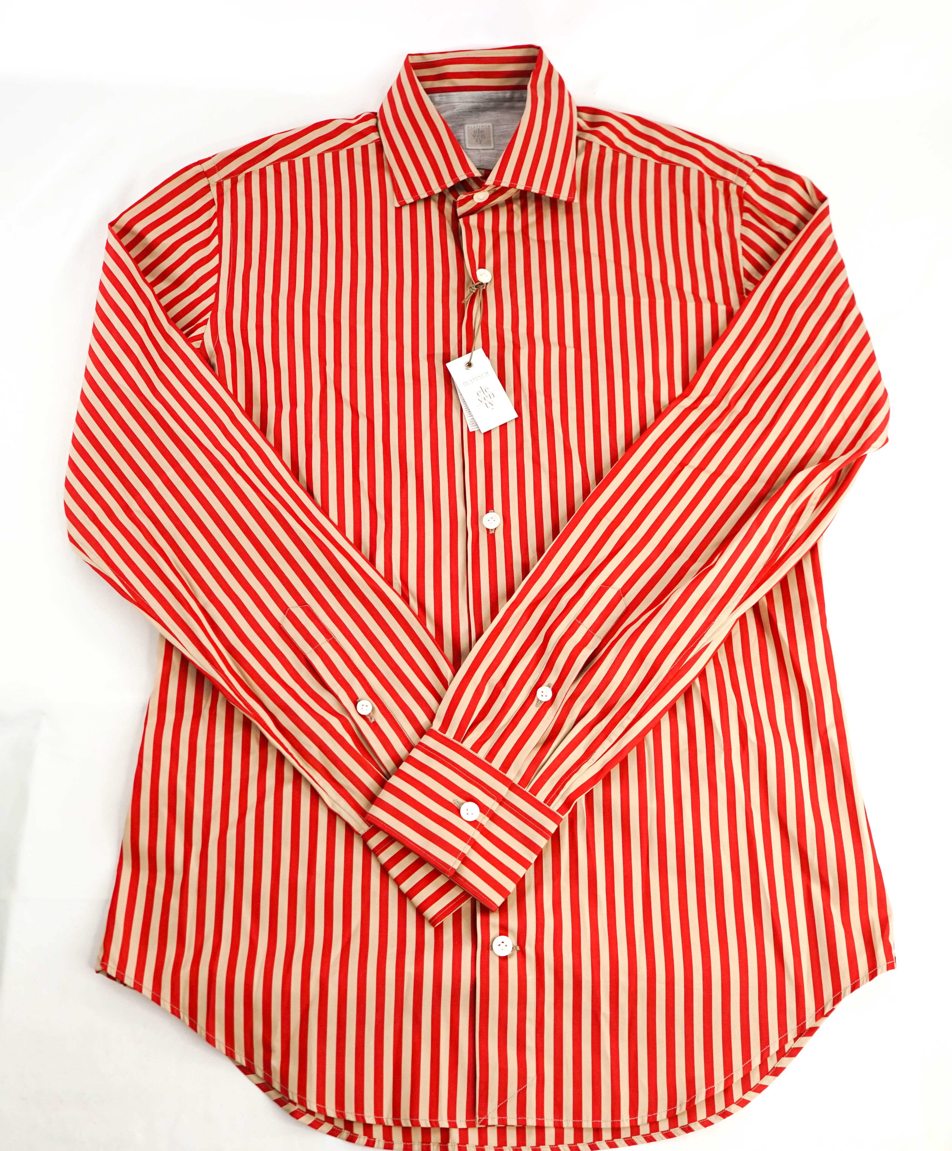 $395 ELEVENTY - Red/Neutral *Spread Collar* Stripe Dress Shirt - M