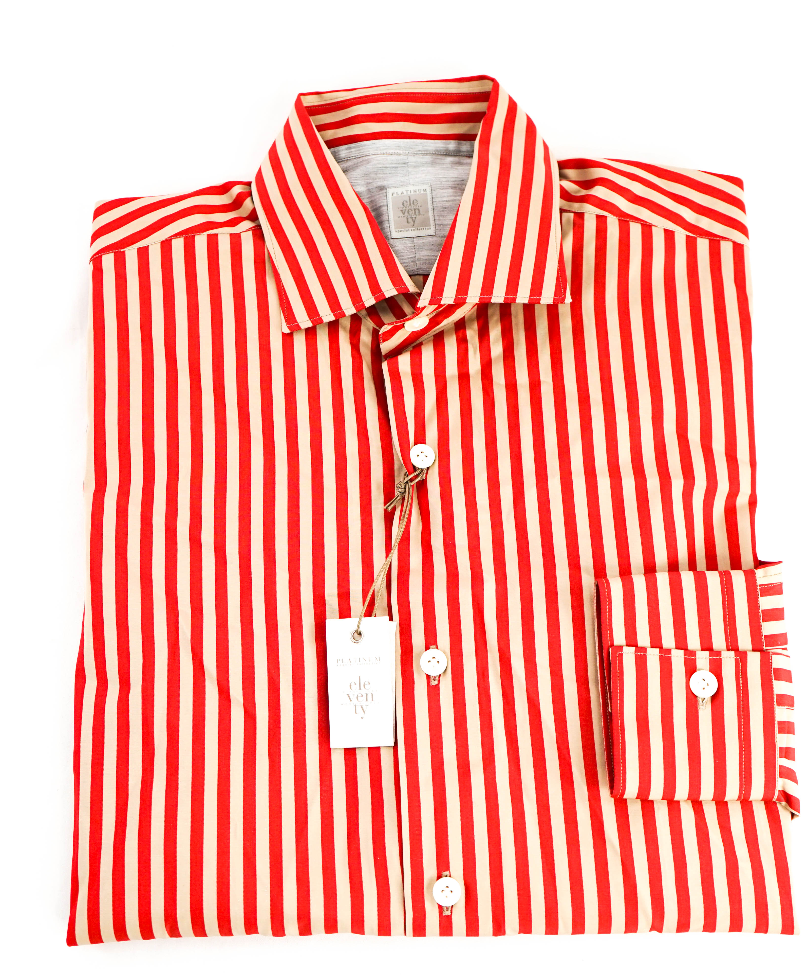 $395 ELEVENTY - Red/Neutral *Spread Collar* Stripe Dress Shirt - M