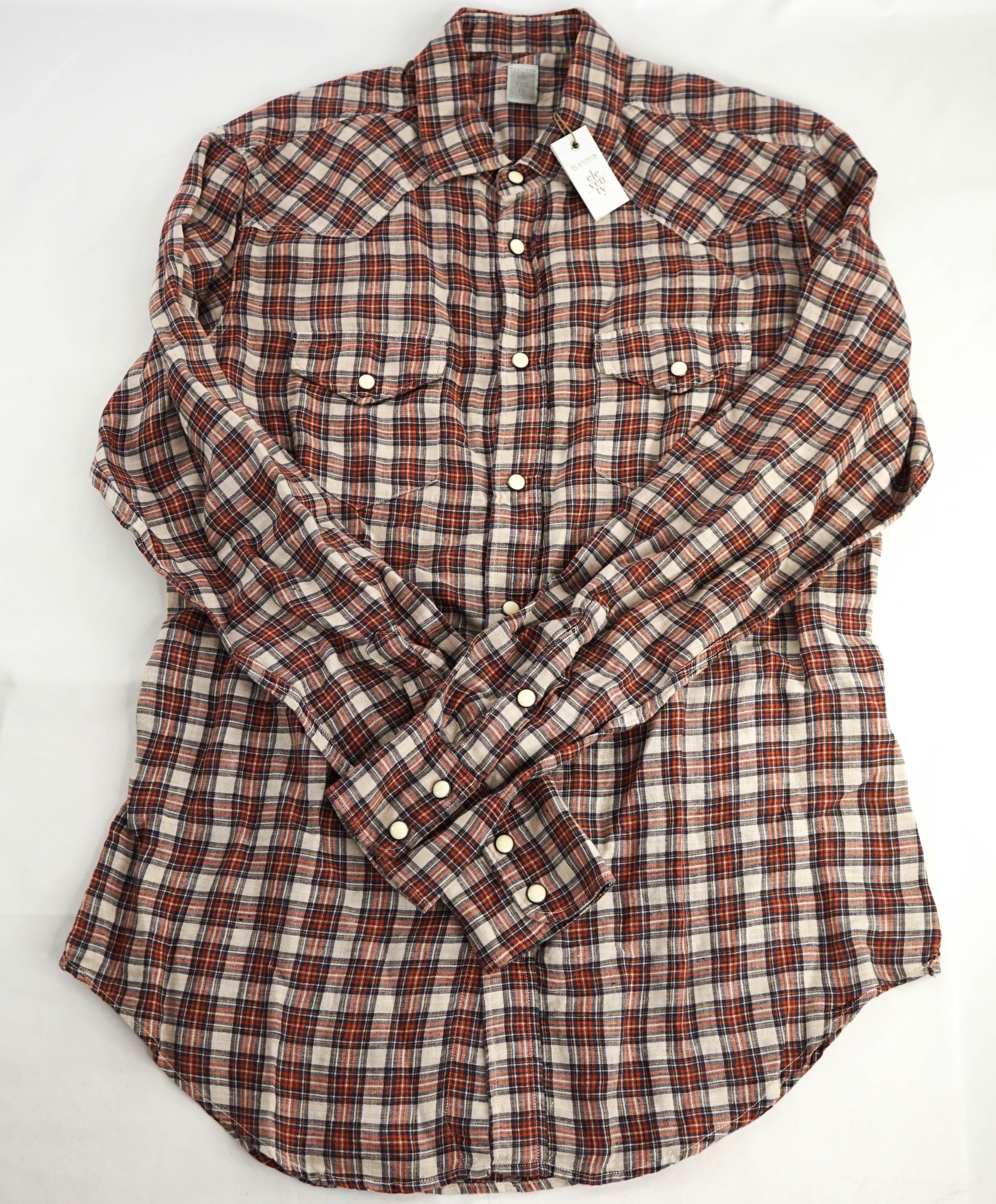 $395 ELEVENTY - Red *Snap Front* LINEN Texas Style Western Shirt - M