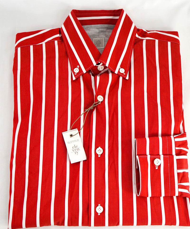 $395 ELEVENTY - Red/White *Button Collar* Stripe Dress Shirt - M