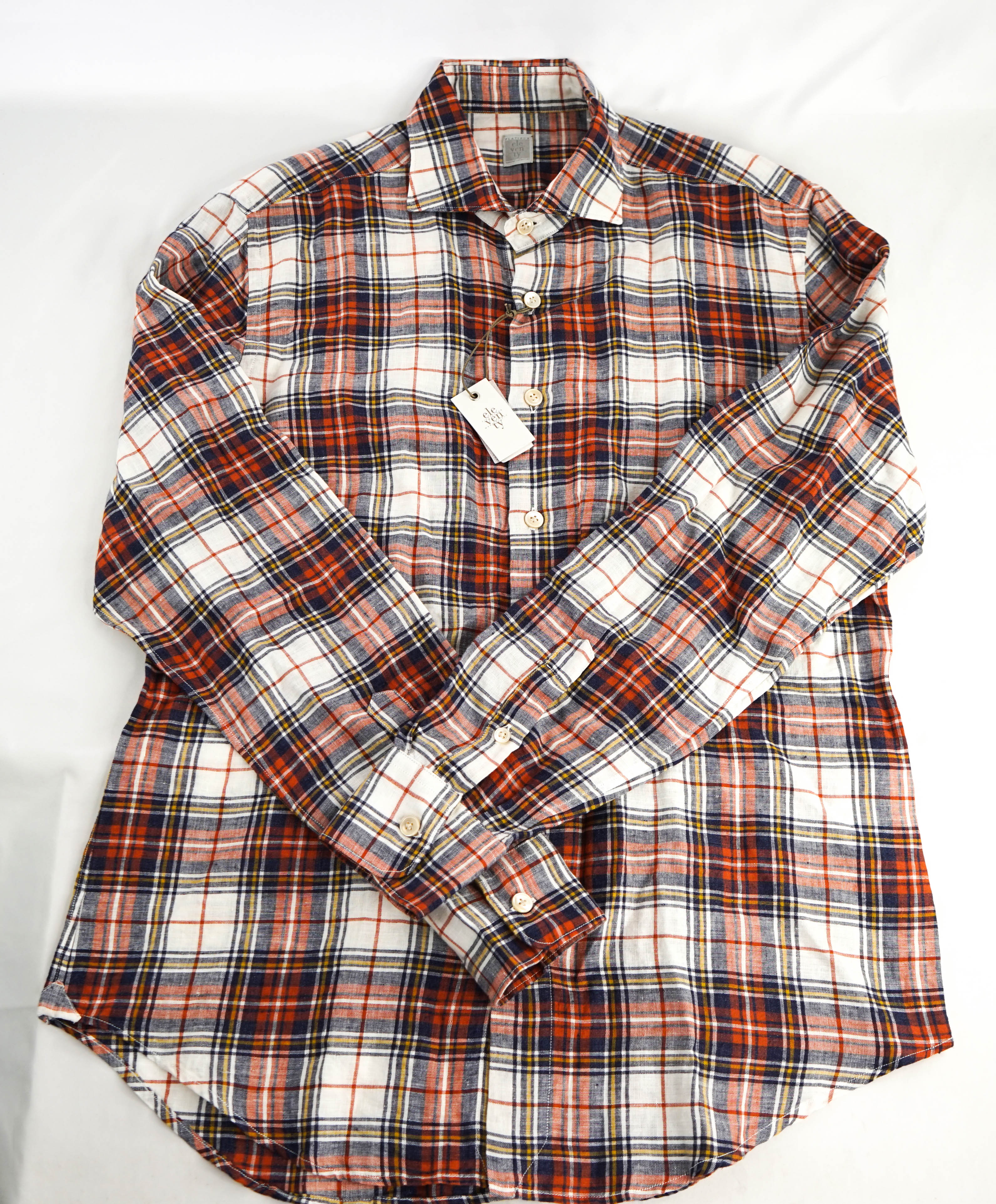 $395 ELEVENTY - Classic Check LINEN Multi Button Dress Shirt - M