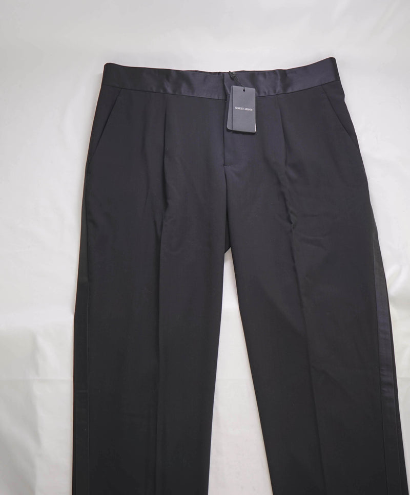 GIORGIO ARMANI - Black Wide Satin Stripe Flat Front Dress Dinner Pants - 36W