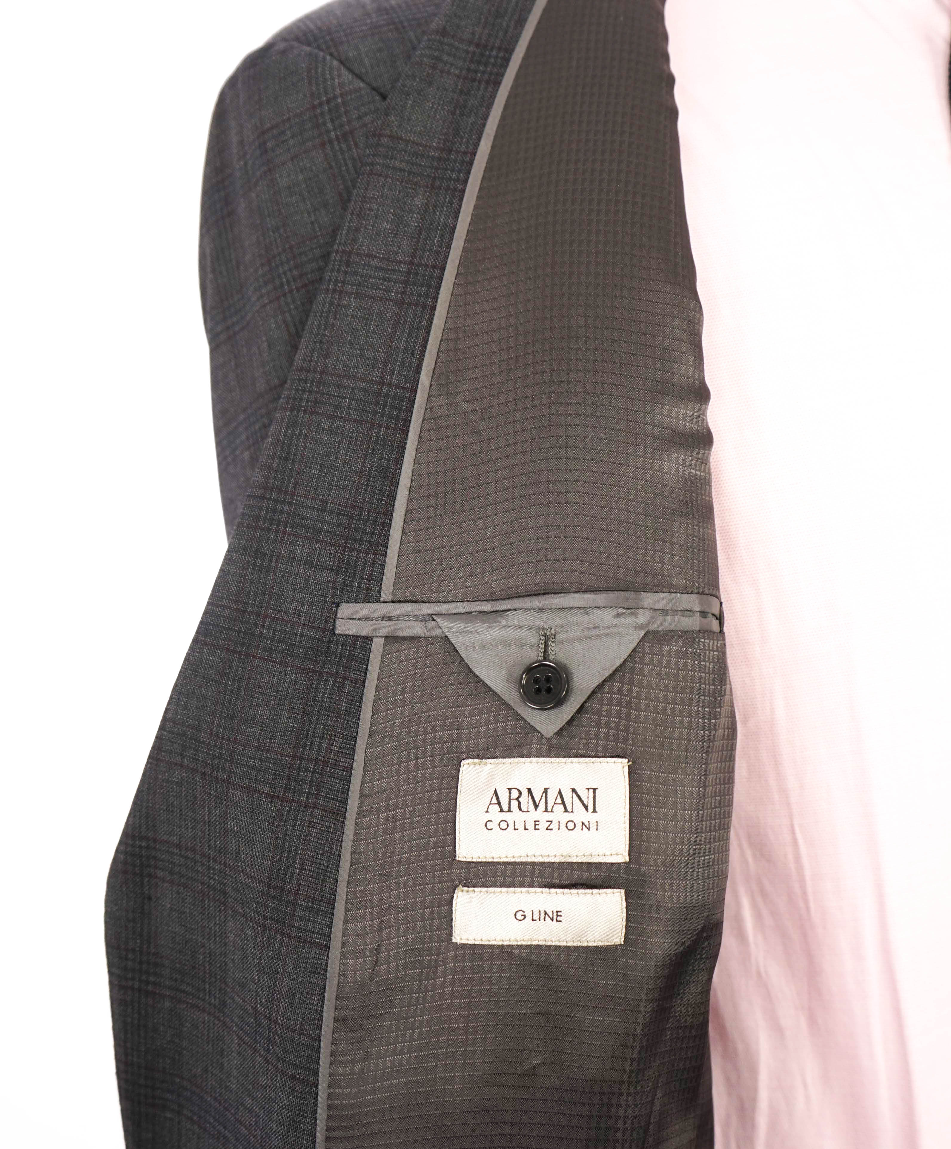 $1,495 ARMANI COLLEZIONI - "G-Line" Burgundy/Gray Check Blazer- 44L