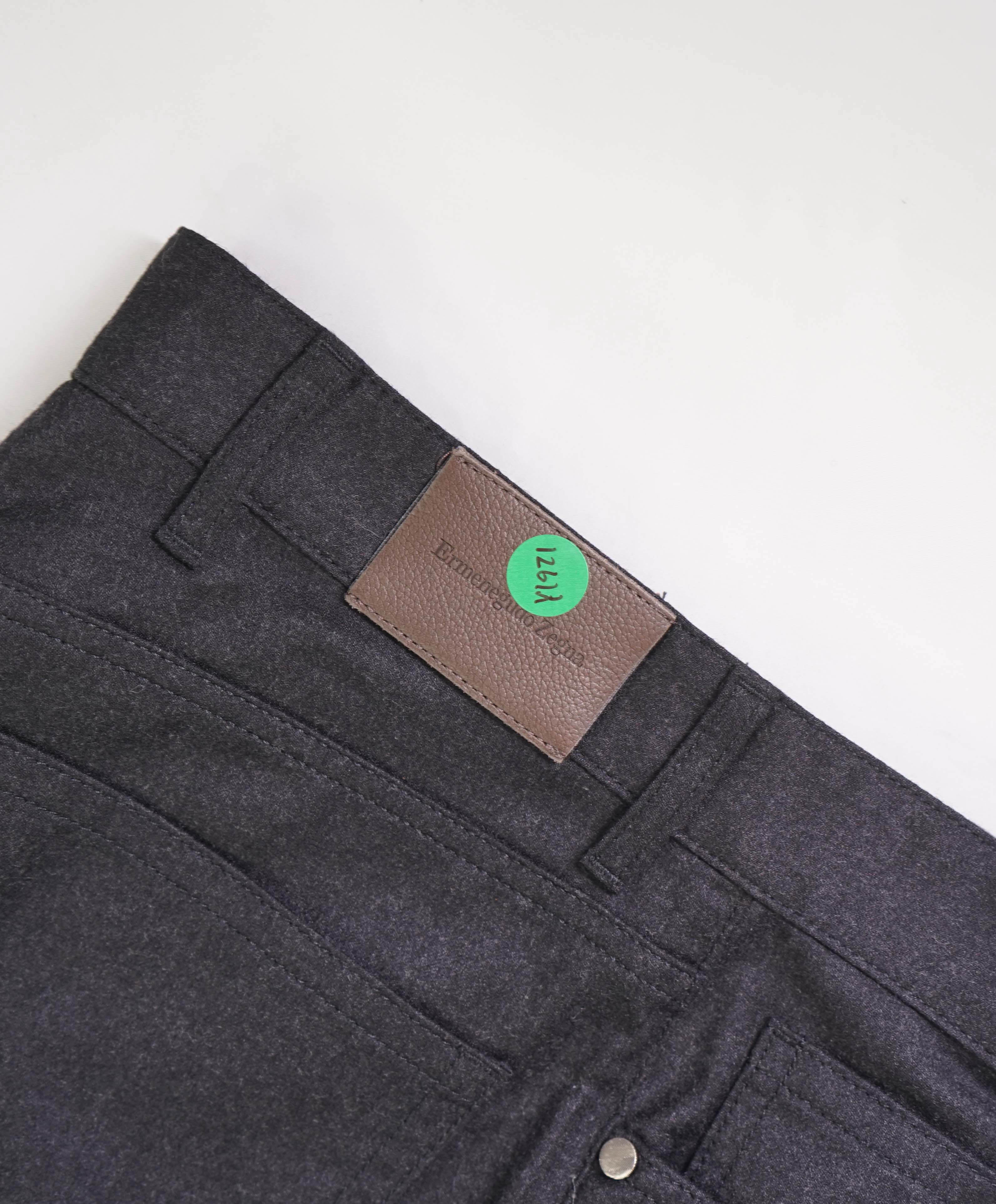 ERMENEGILDO ZEGNA - Gray Flanel WOOL Suede Logo Tag 5-Pocket Pants- 32W