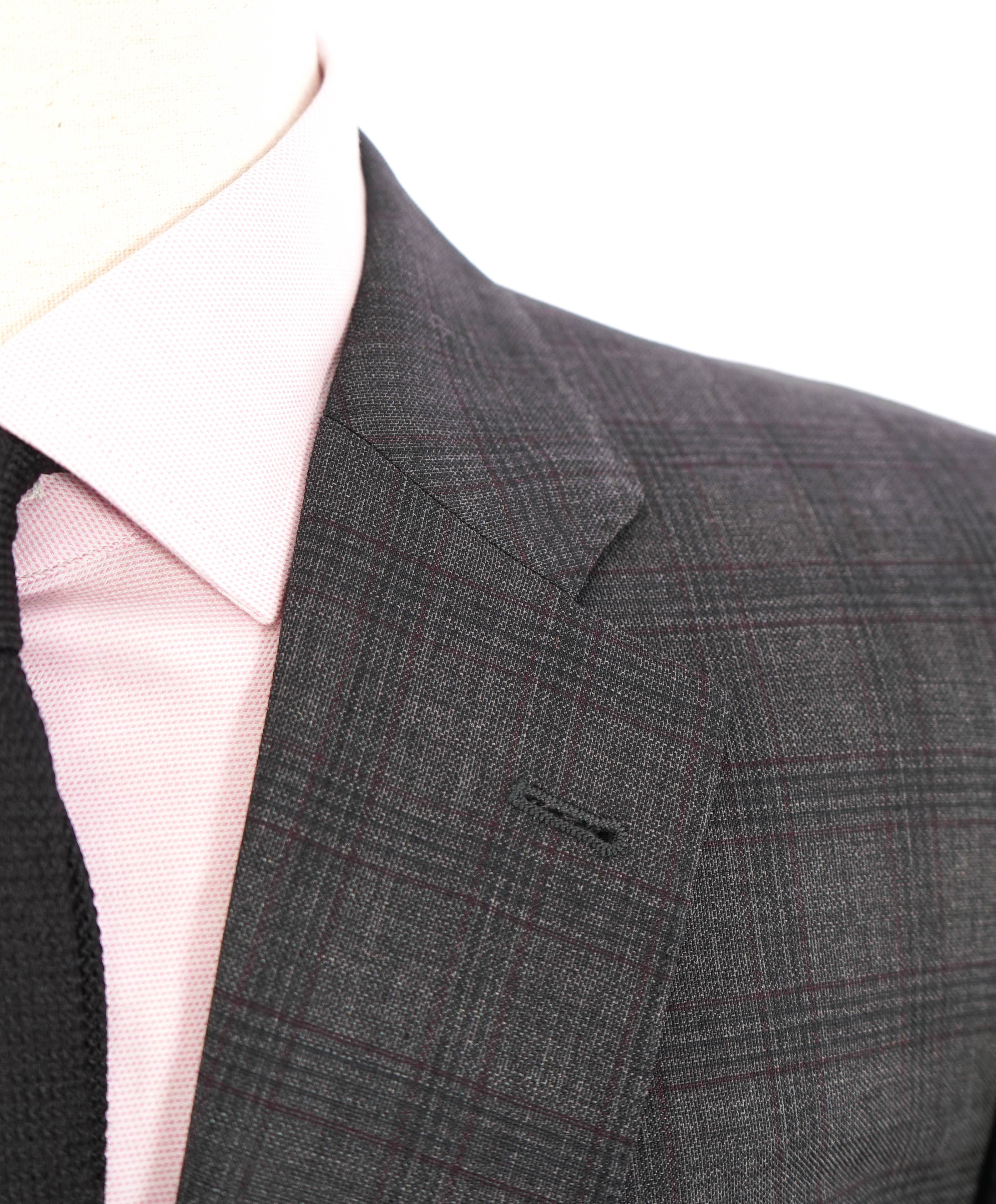 $1,495 ARMANI COLLEZIONI - "G-Line" Burgundy/Gray Check Blazer- 44L