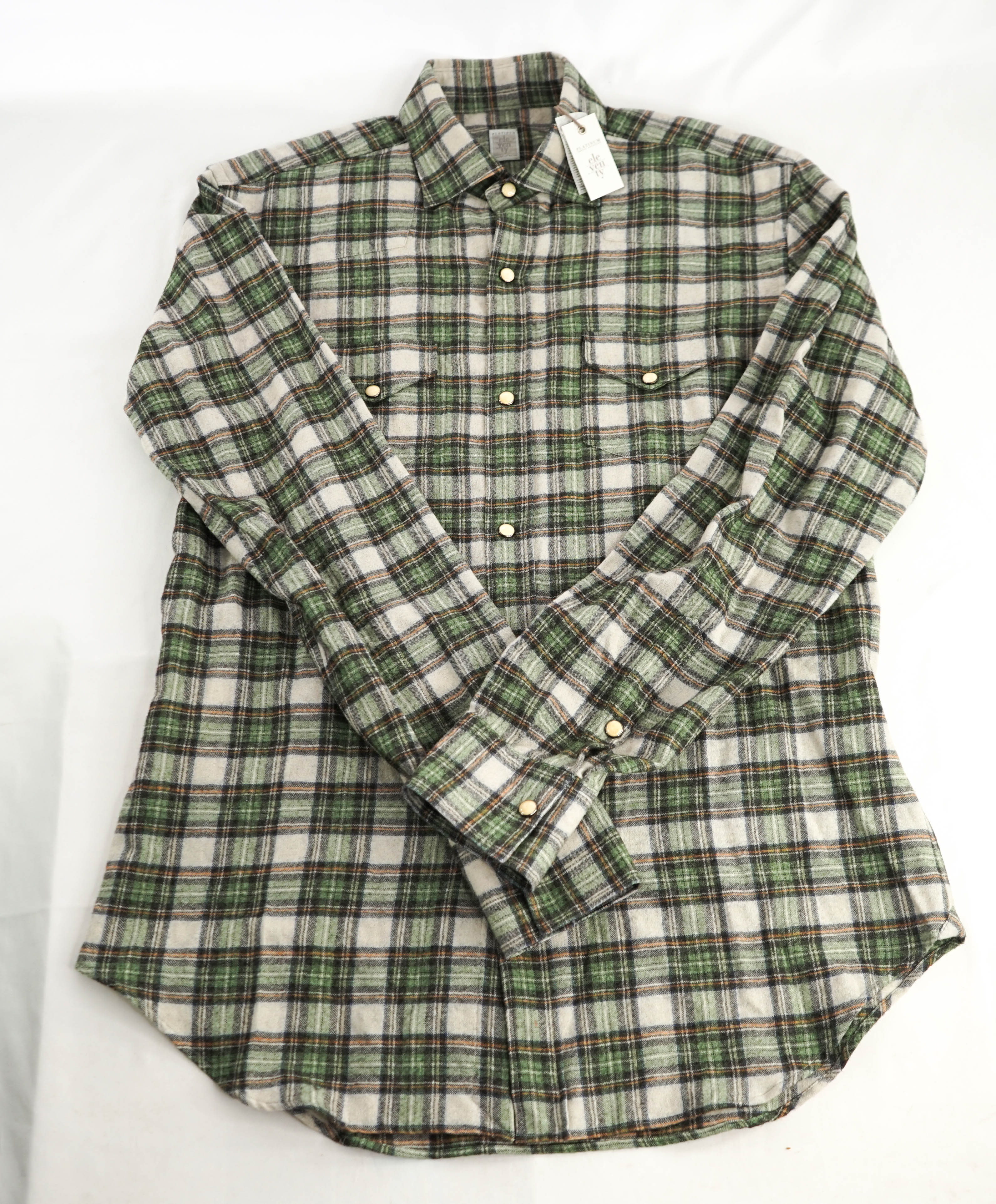 $595 ELEVENTY - Green *Snap Front* WOOL/Cotton/Cashmere Western Shirt - M