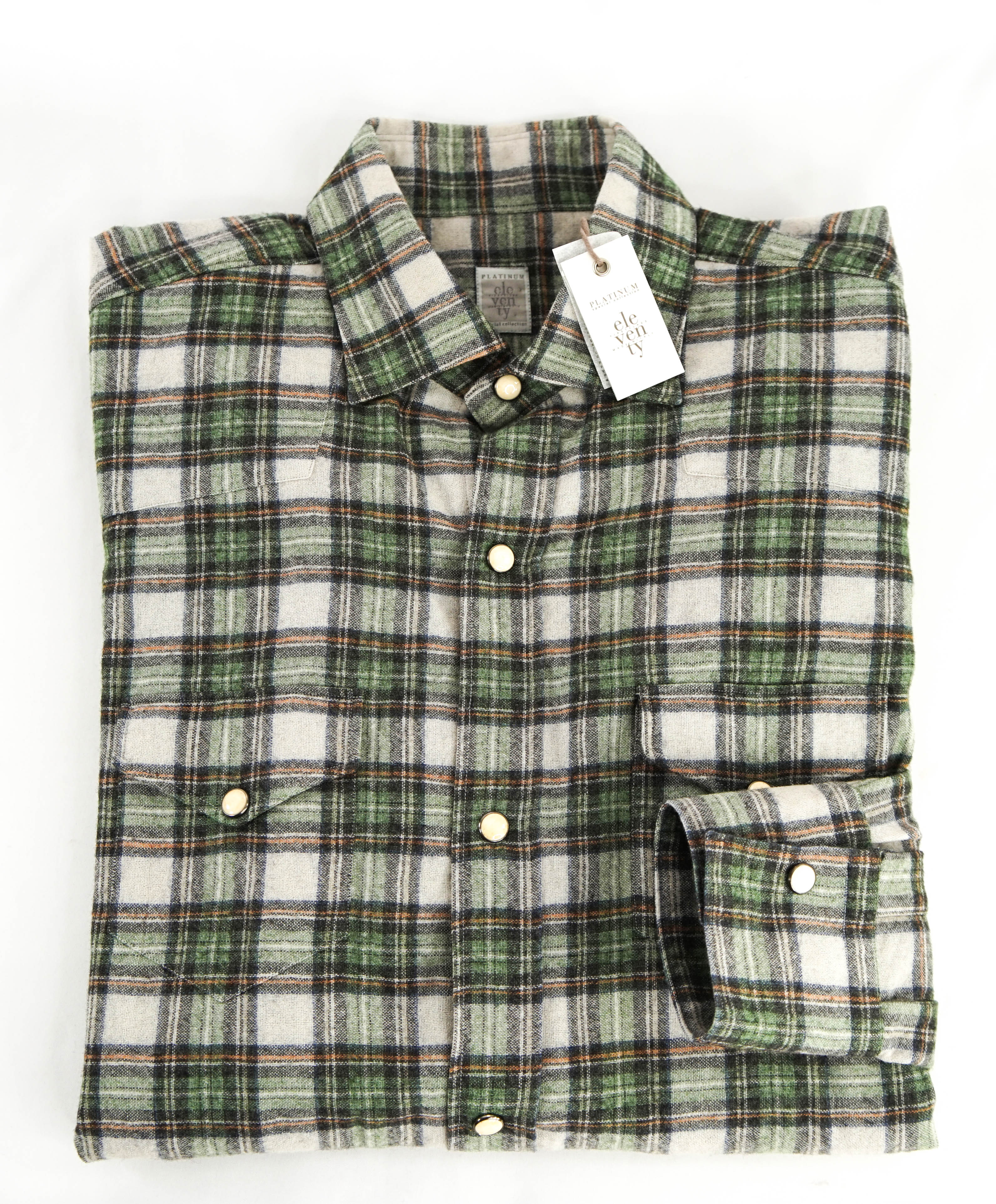 $595 ELEVENTY - Green *Snap Front* WOOL/Cotton/Cashmere Western Shirt - M