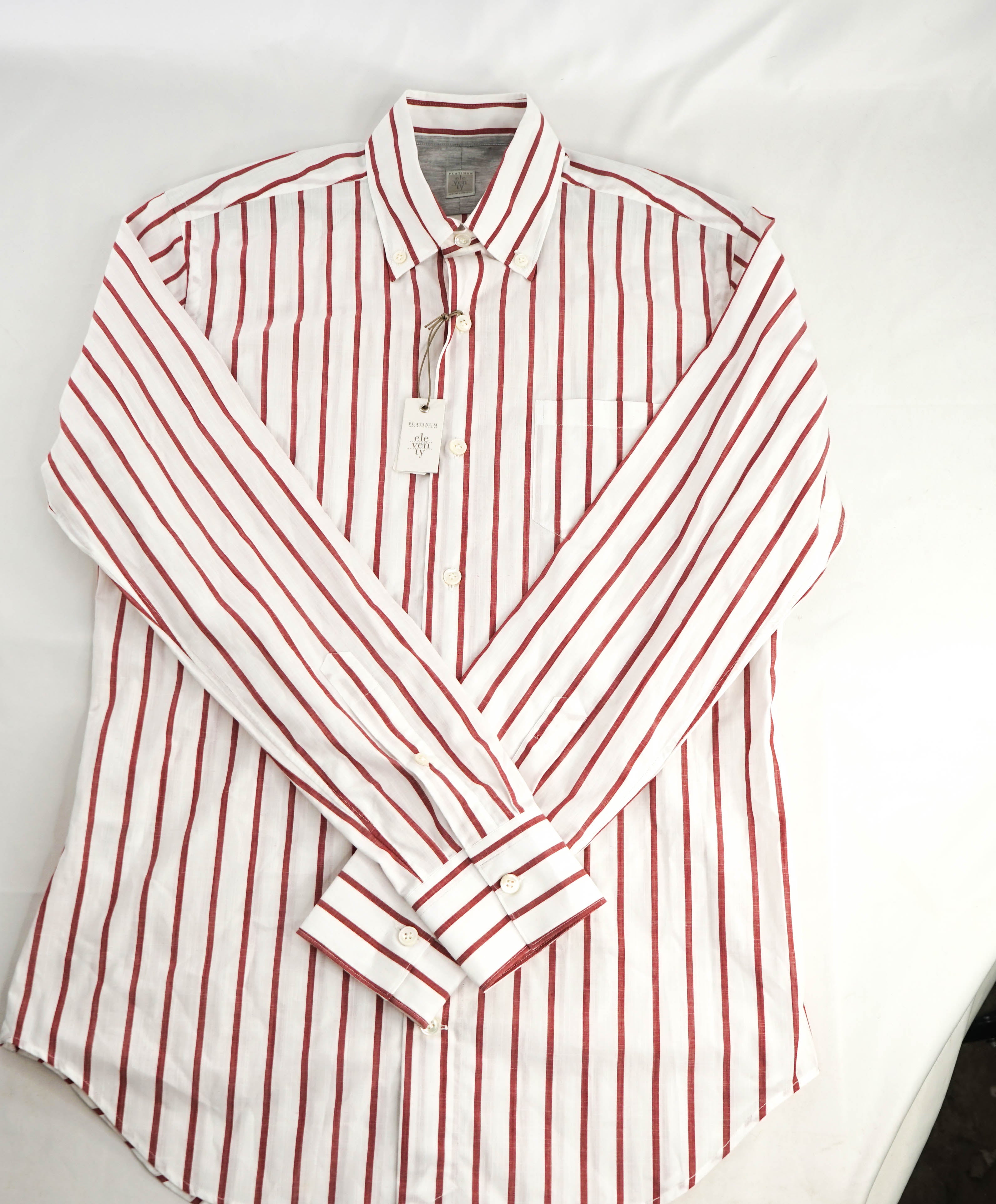 $395 ELEVENTY - Red/White *Button Collar* Stripe Dress Shirt - M