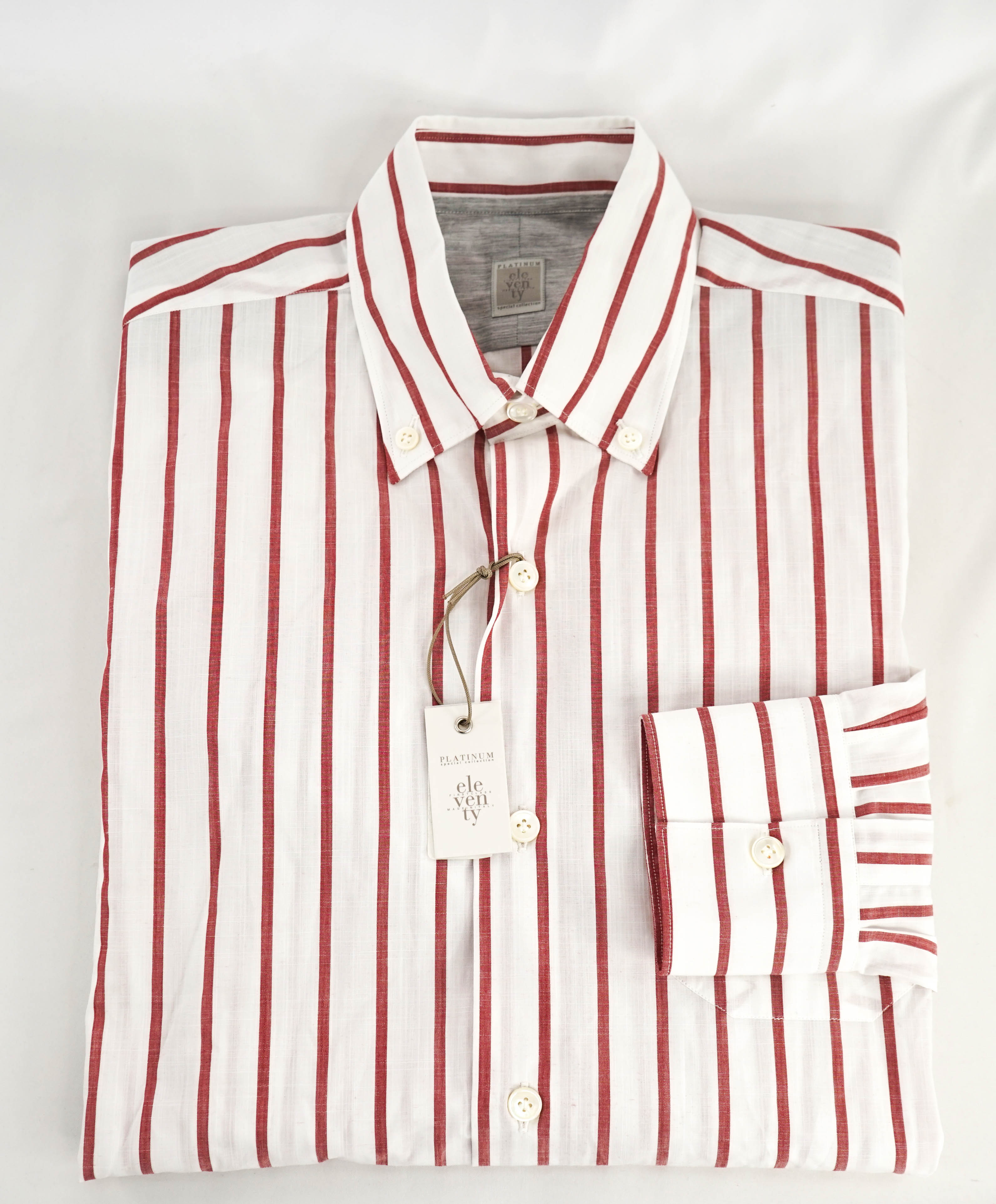 $395 ELEVENTY - Red/White *Button Collar* Stripe Dress Shirt - M