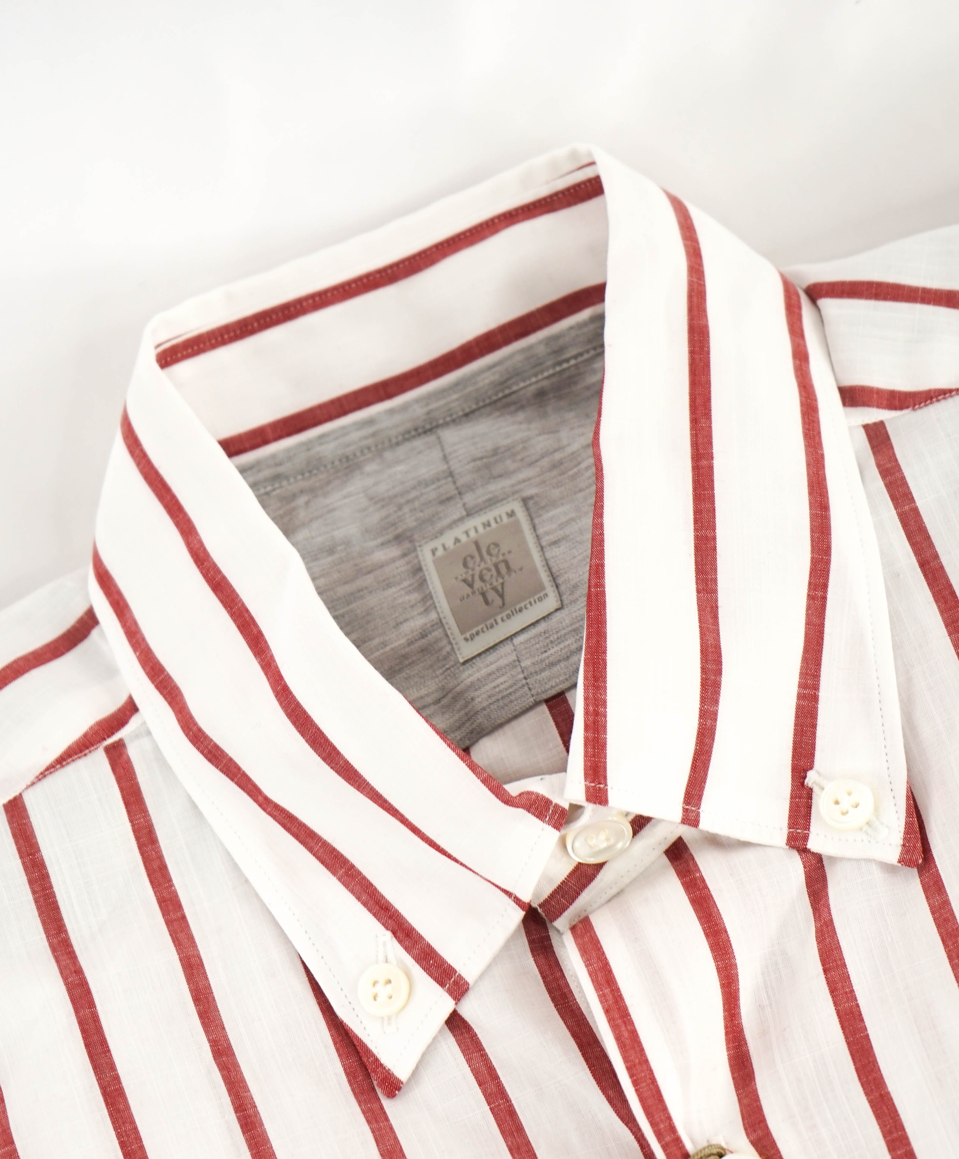 $395 ELEVENTY - Red/White *Button Collar* Stripe Dress Shirt - M