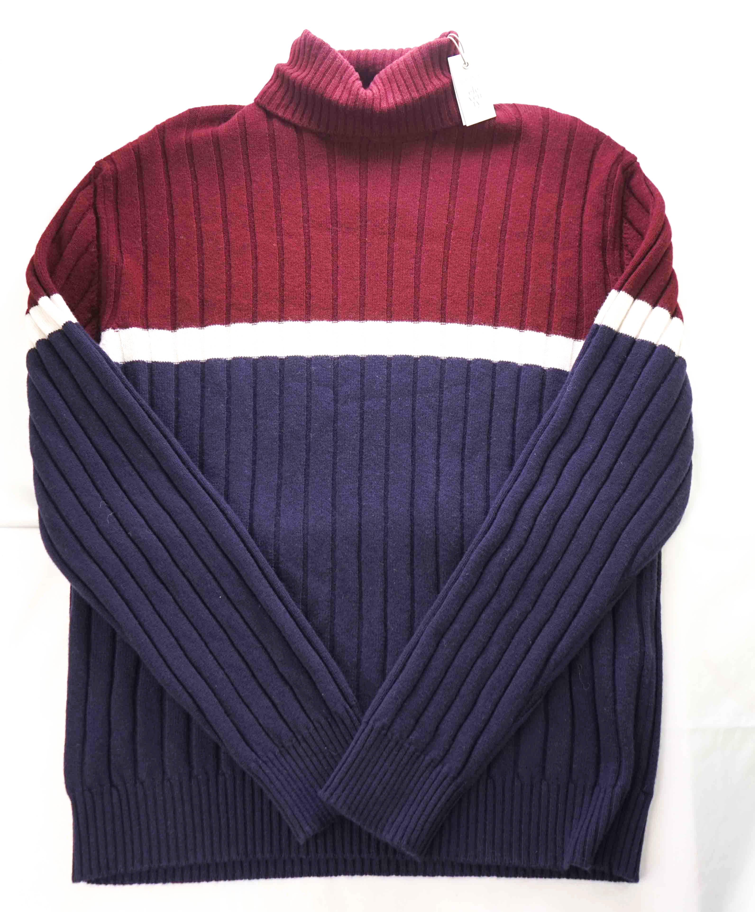 $495 ELEVENTY - *Pure Wool* Burgundy/Navy/White Turtleneck Ribbed Sweater - M