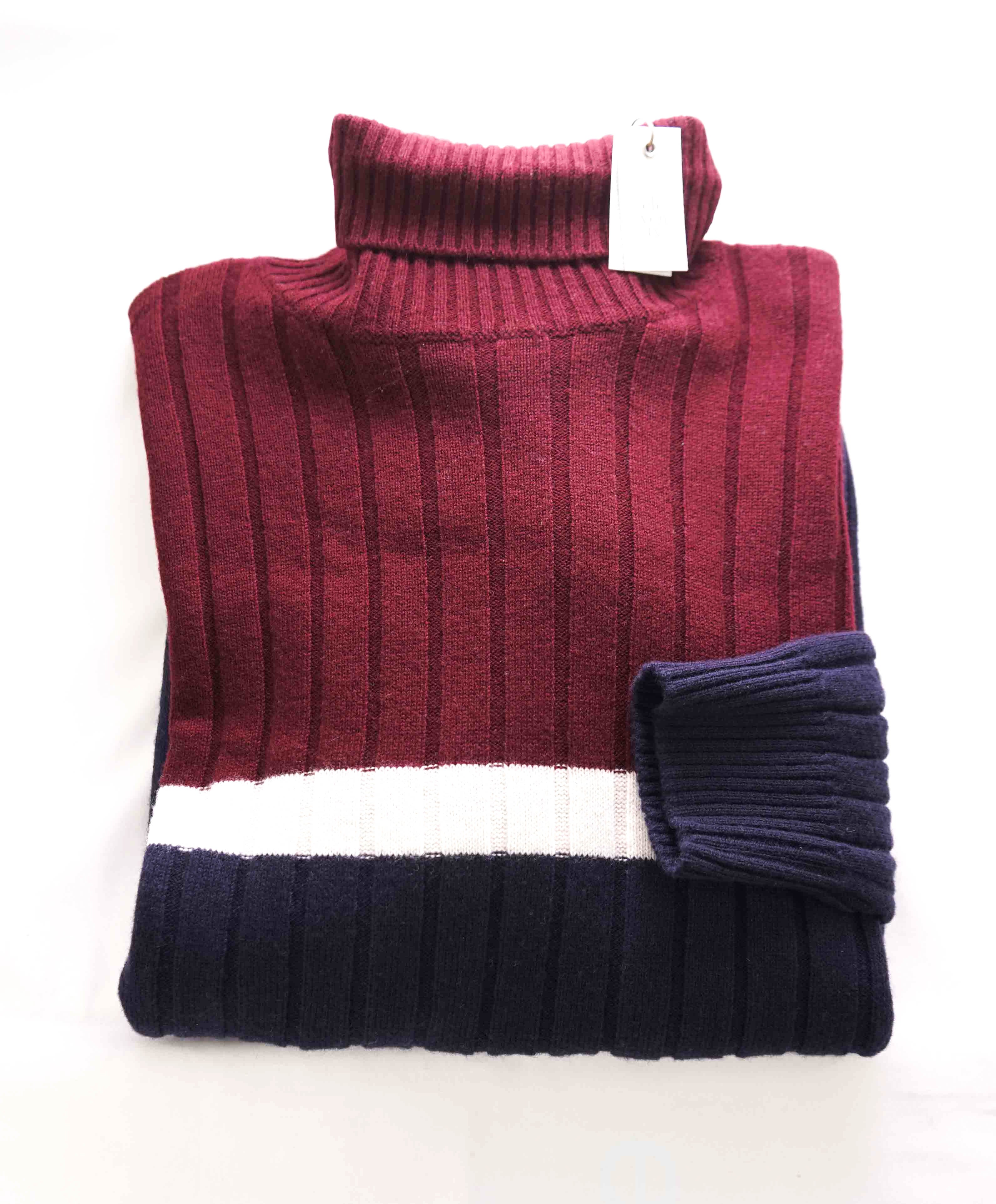 $495 ELEVENTY - *Pure Wool* Burgundy/Navy/White Turtleneck Ribbed Sweater - M