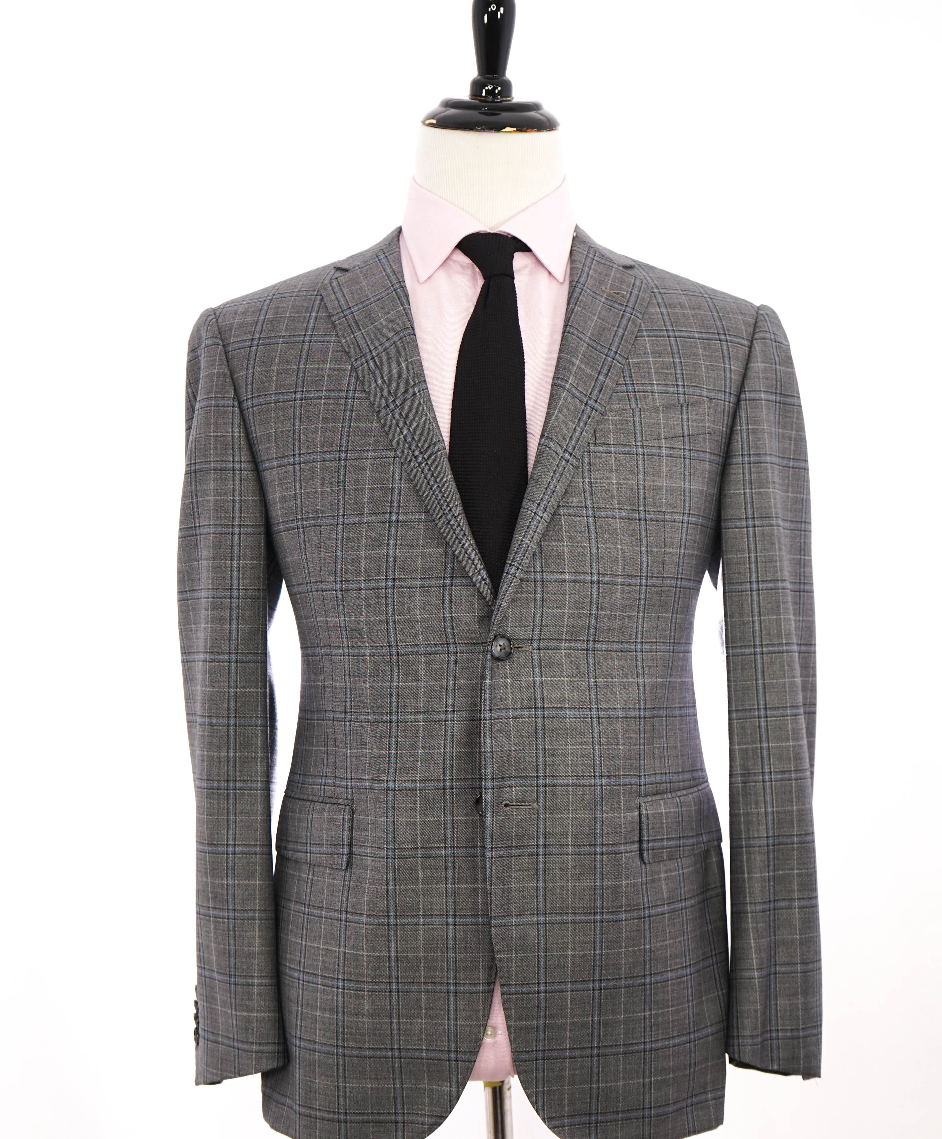 $1,595 CORNELIANI - Gray Teal Check Plaid Notch Lapel Blazer - 42R