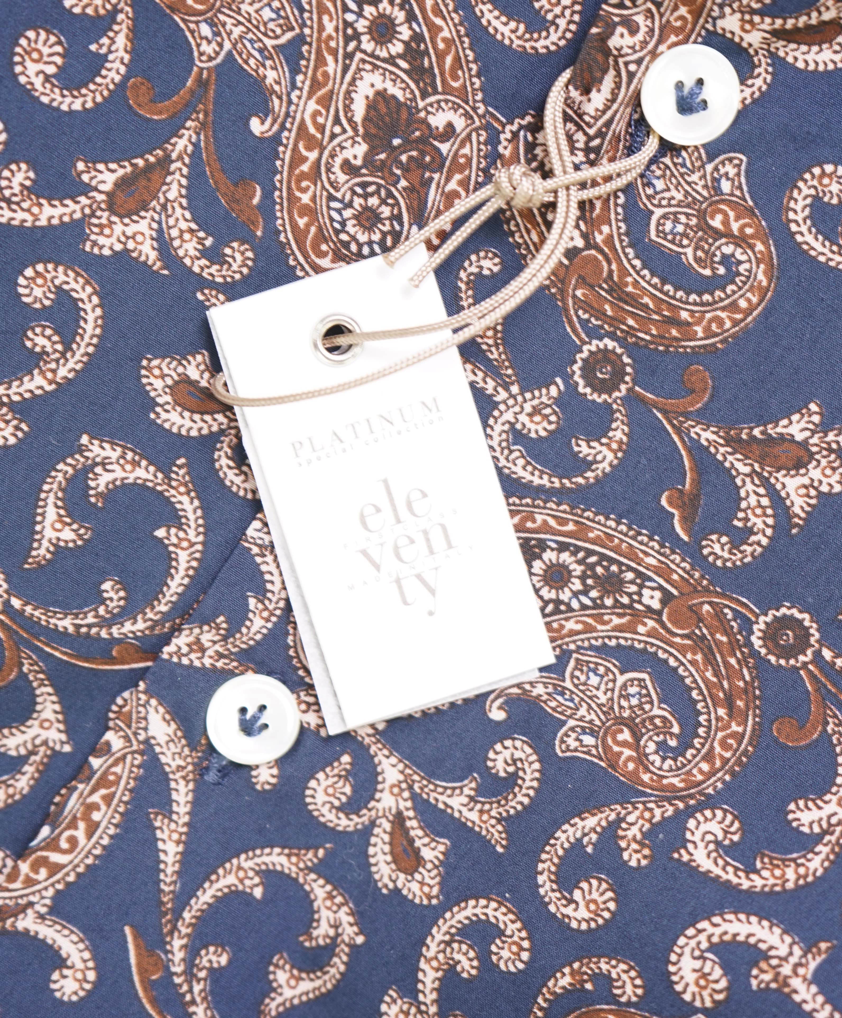 $395 ELEVENTY - Navy PAISLEY Cotton Button Front Shirt - L