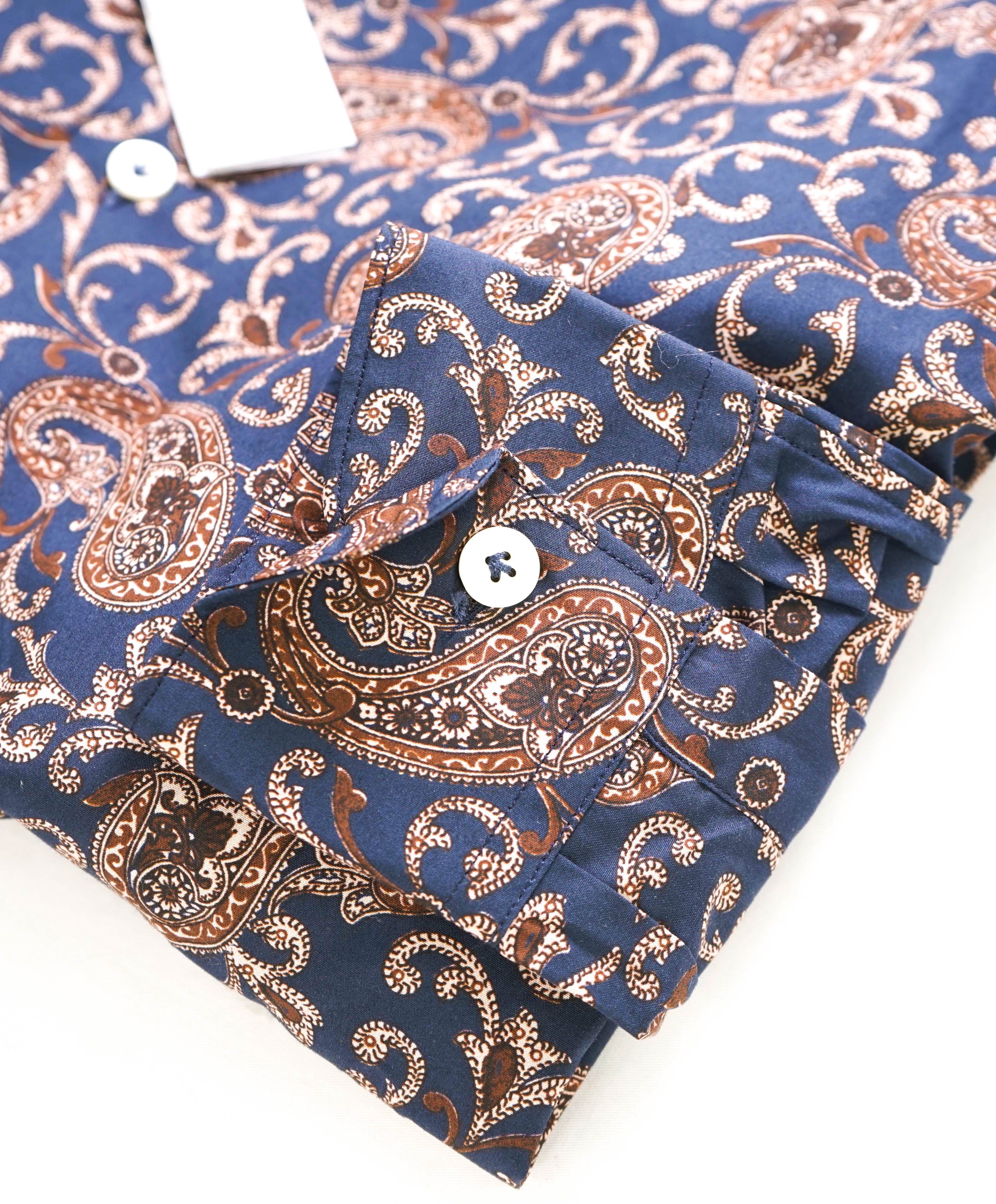 $395 ELEVENTY - Navy PAISLEY Cotton Button Front Shirt - L