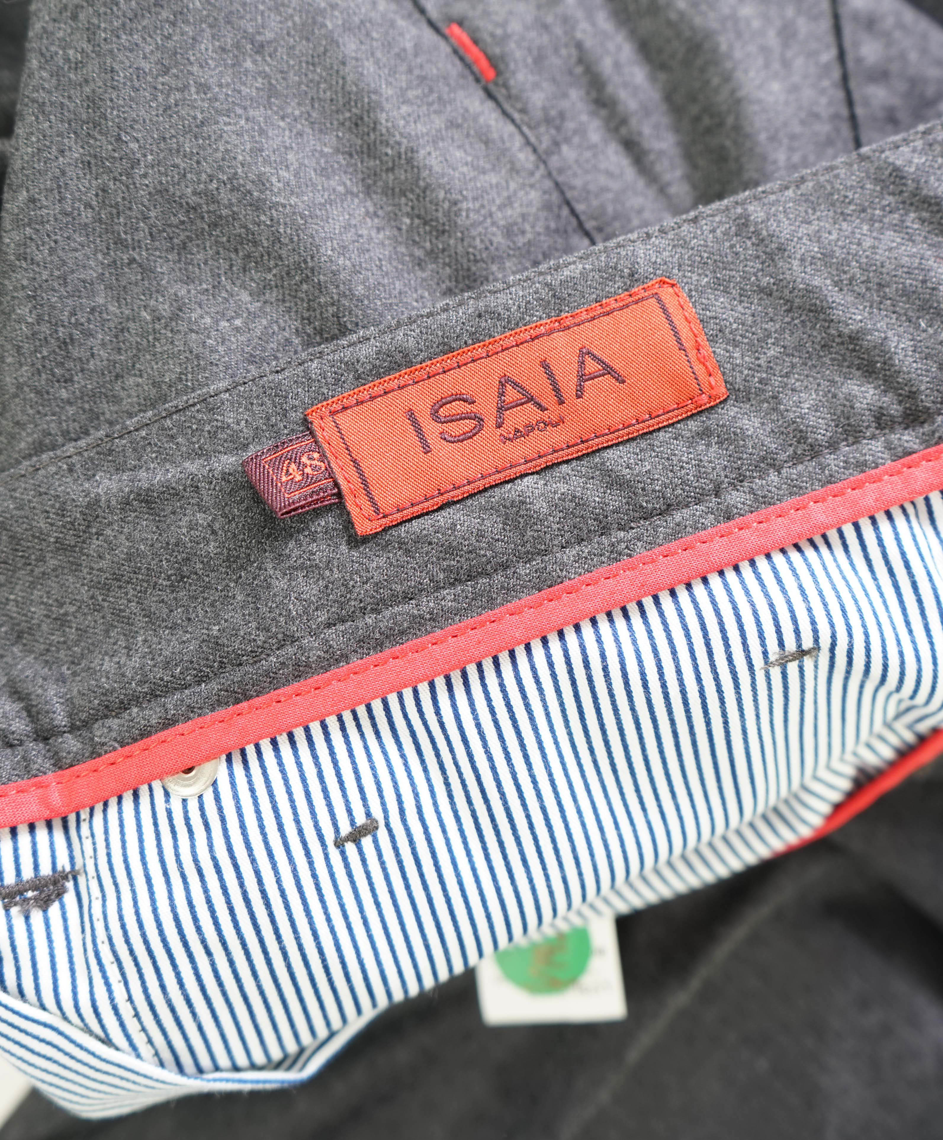 ISAIA - Gray WOOL stretch LEATHER LOGO PATCH 5-Pocket Dress Pants - 32W (48EU)