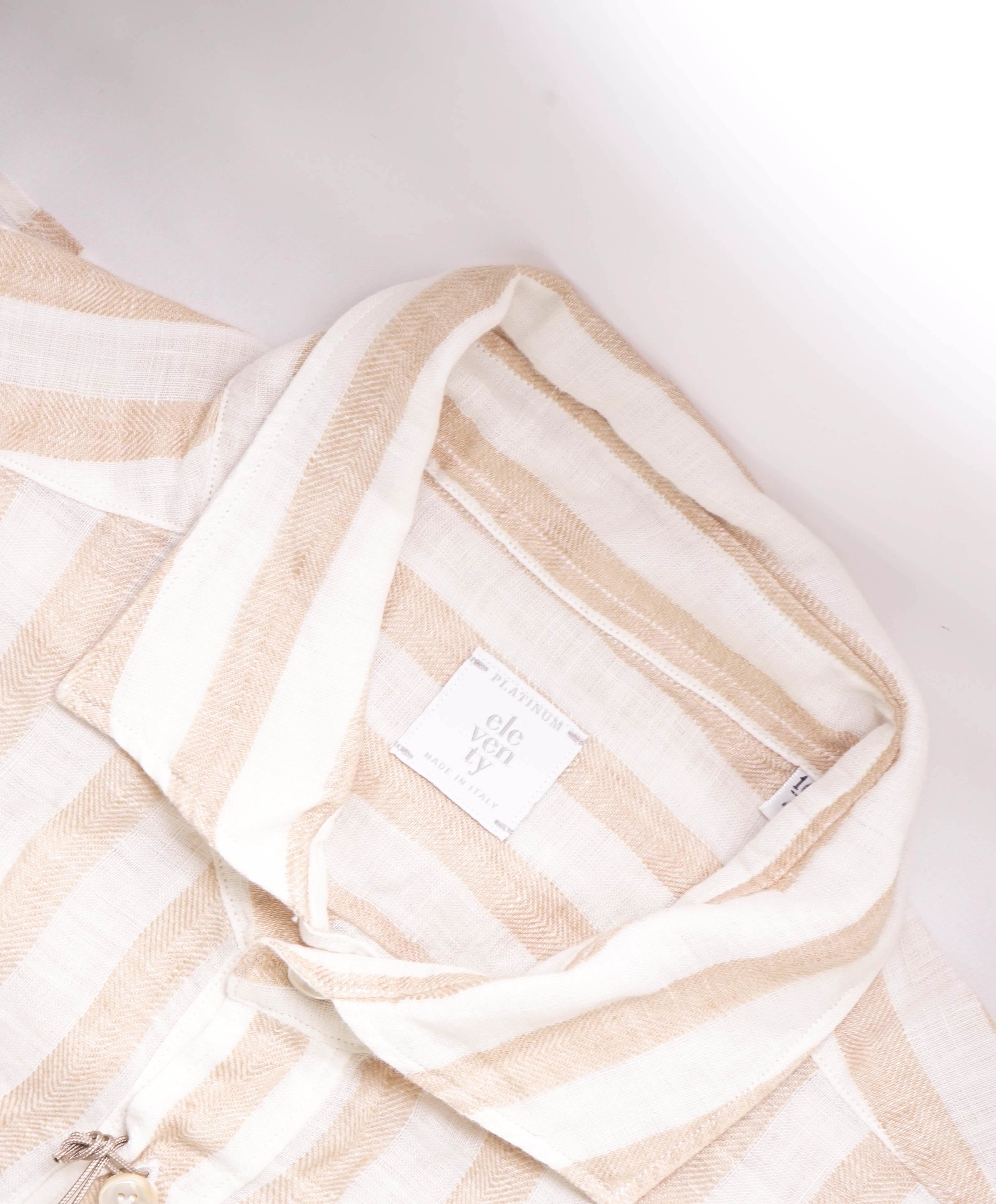 $395 ELEVENTY - *POPOVER* Broad Stripe Neutral LINEN Button Dress Shirt - XXXL (44) (17.5)