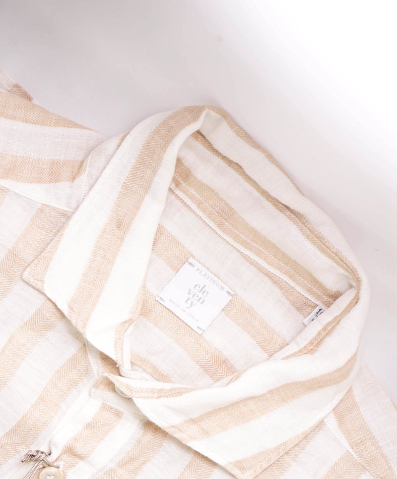 $395 ELEVENTY - *POPOVER* Broad Stripe Neutral LINEN Button Dress Shirt - XL (42) (16.5)