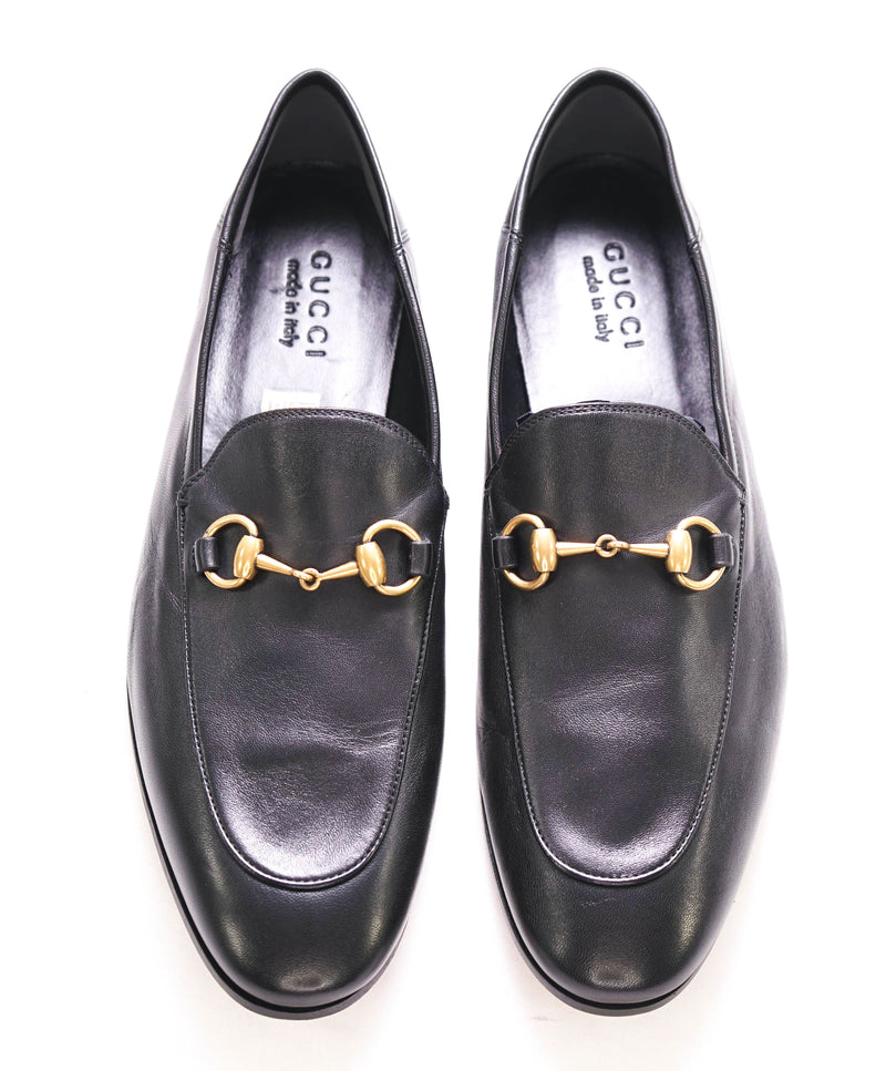 $920 GUCCI - "BRIXTON" Black/Gold ICONIC Horsebit Leather Loafers - 10US (9.5G)