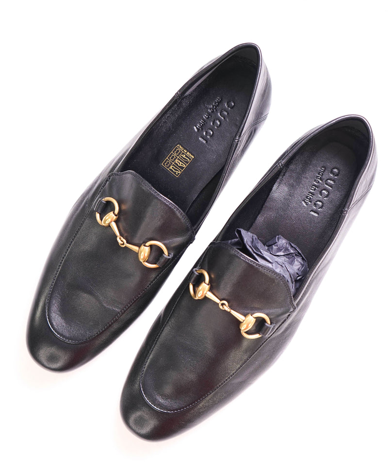 $920 GUCCI - "BRIXTON" Black/Gold ICONIC Horsebit Leather Loafers - 10US (9.5G)