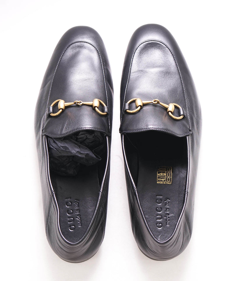 $920 GUCCI - "BRIXTON" Black/Gold ICONIC Horsebit Leather Loafers - 10US (9.5G)