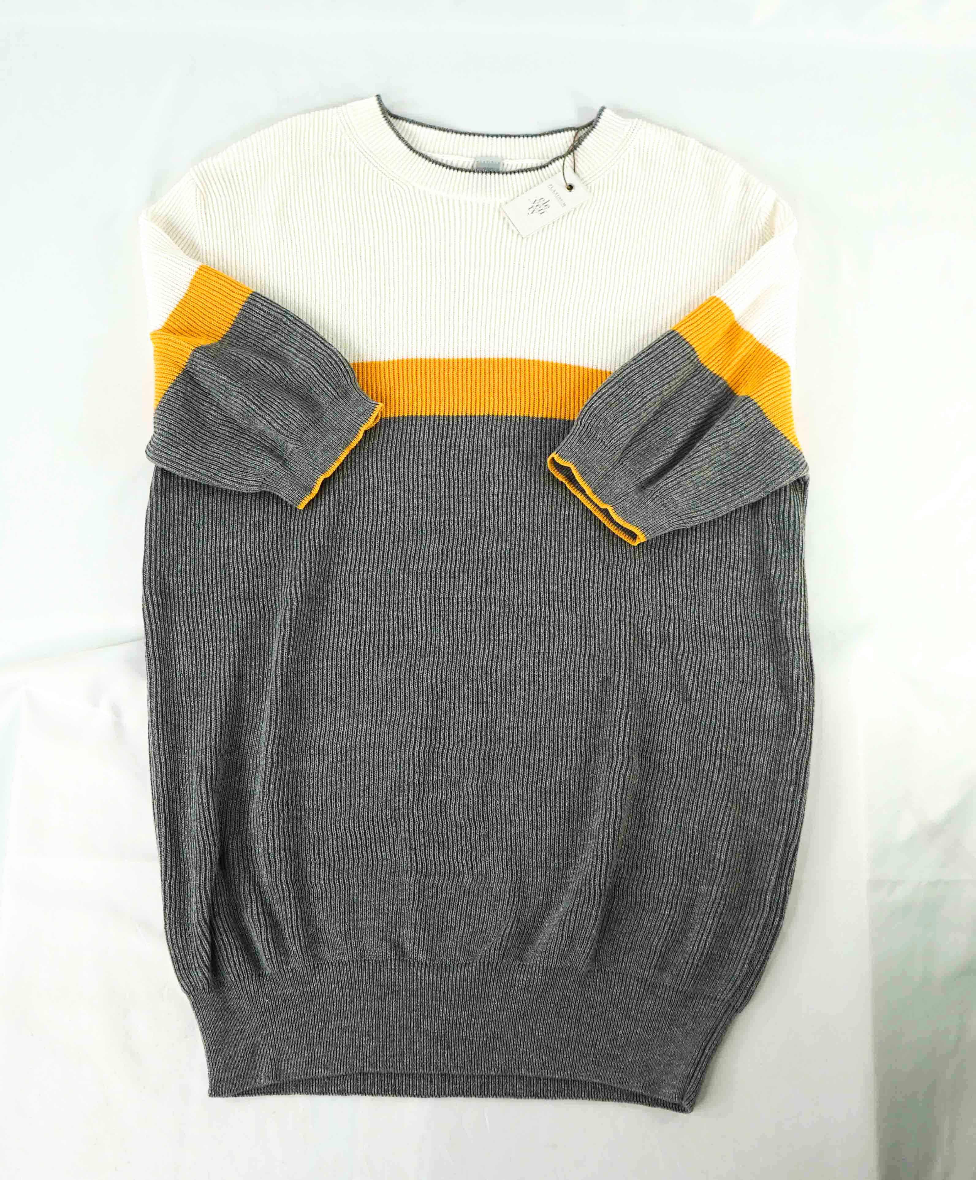 $395 ELEVENTY - Ivory/Yellow/Gray Crewneck Premium Short Sleeve Sweater - M