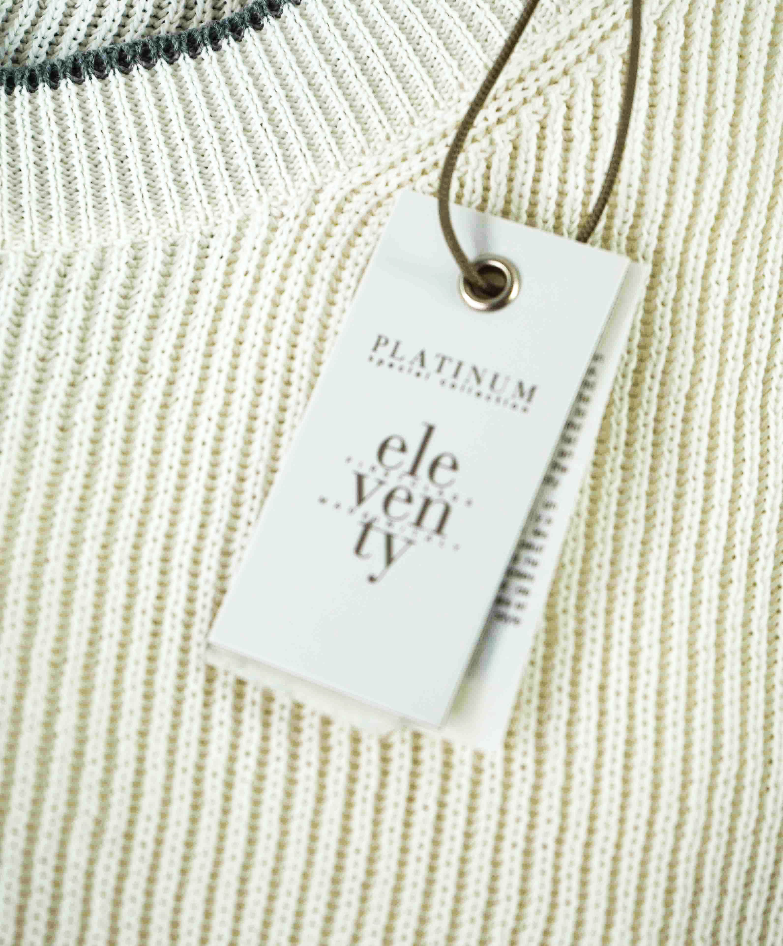 $395 ELEVENTY - Ivory/Yellow/Gray Crewneck Premium Short Sleeve Sweater - M