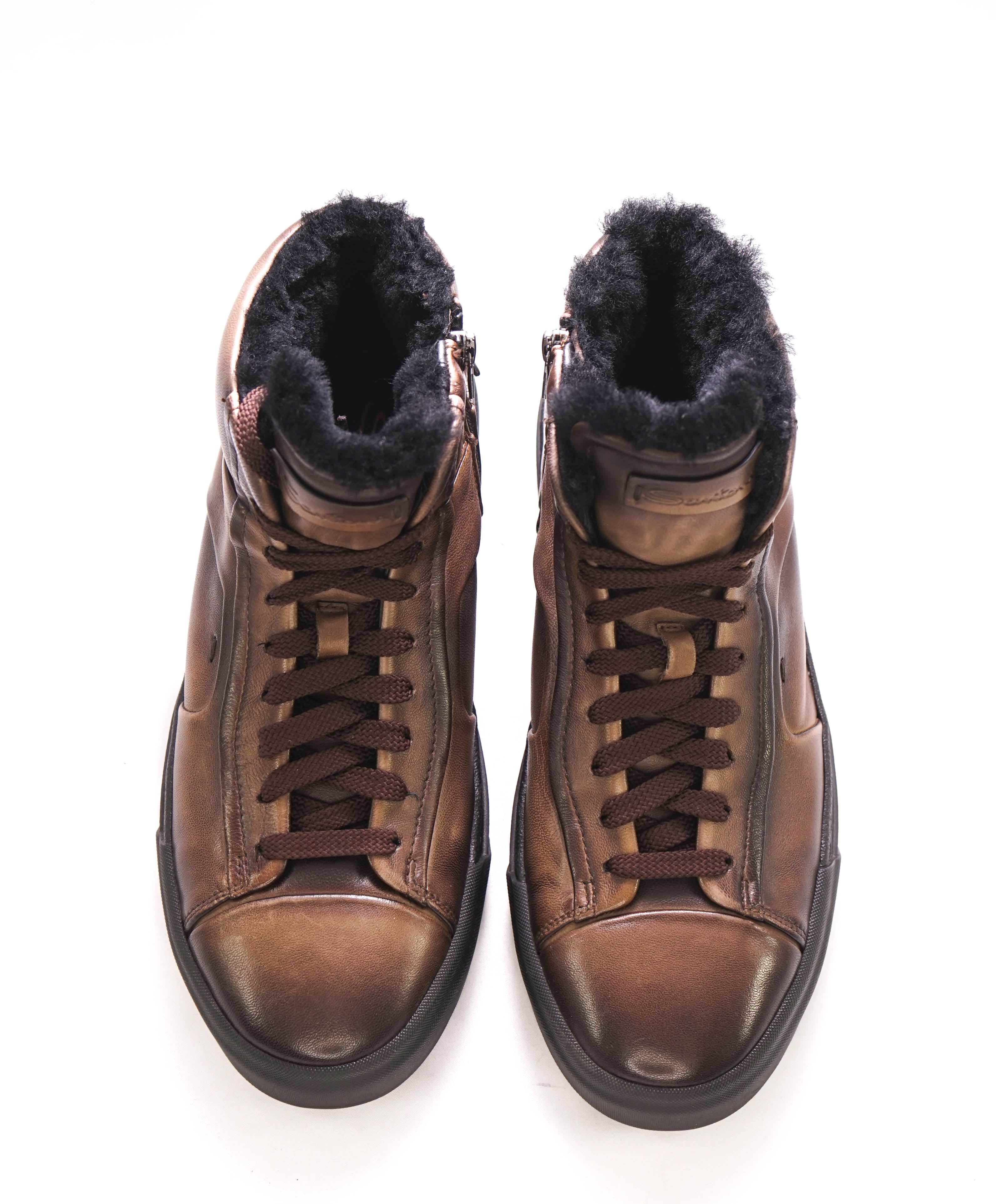 $1,495 SANTONI - Brown Patina FAUX FUR LINED Leather Sneaker - 8.5 (7.5 IT)