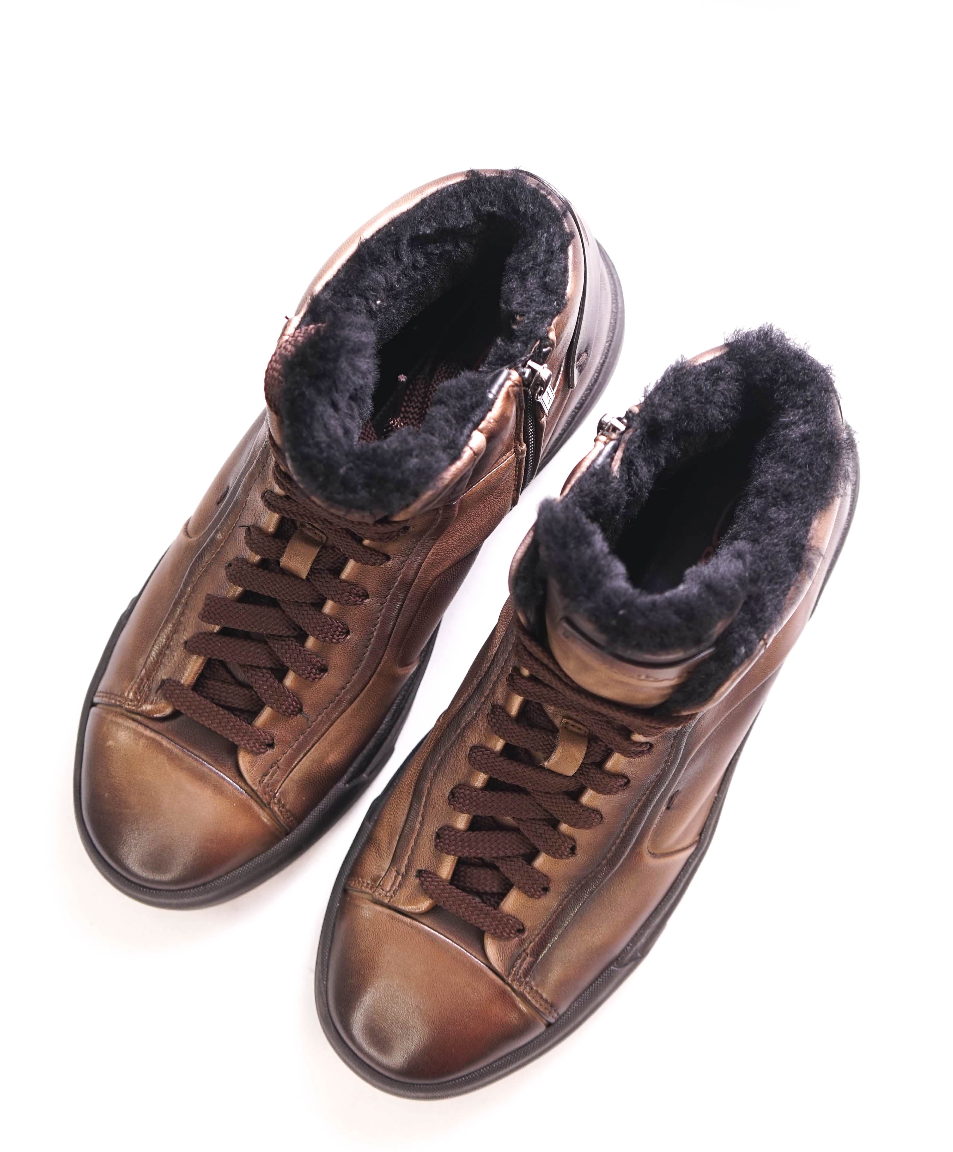 $1,495 SANTONI - Brown Patina FAUX FUR LINED Leather Sneaker - 8.5 (7.5 IT)