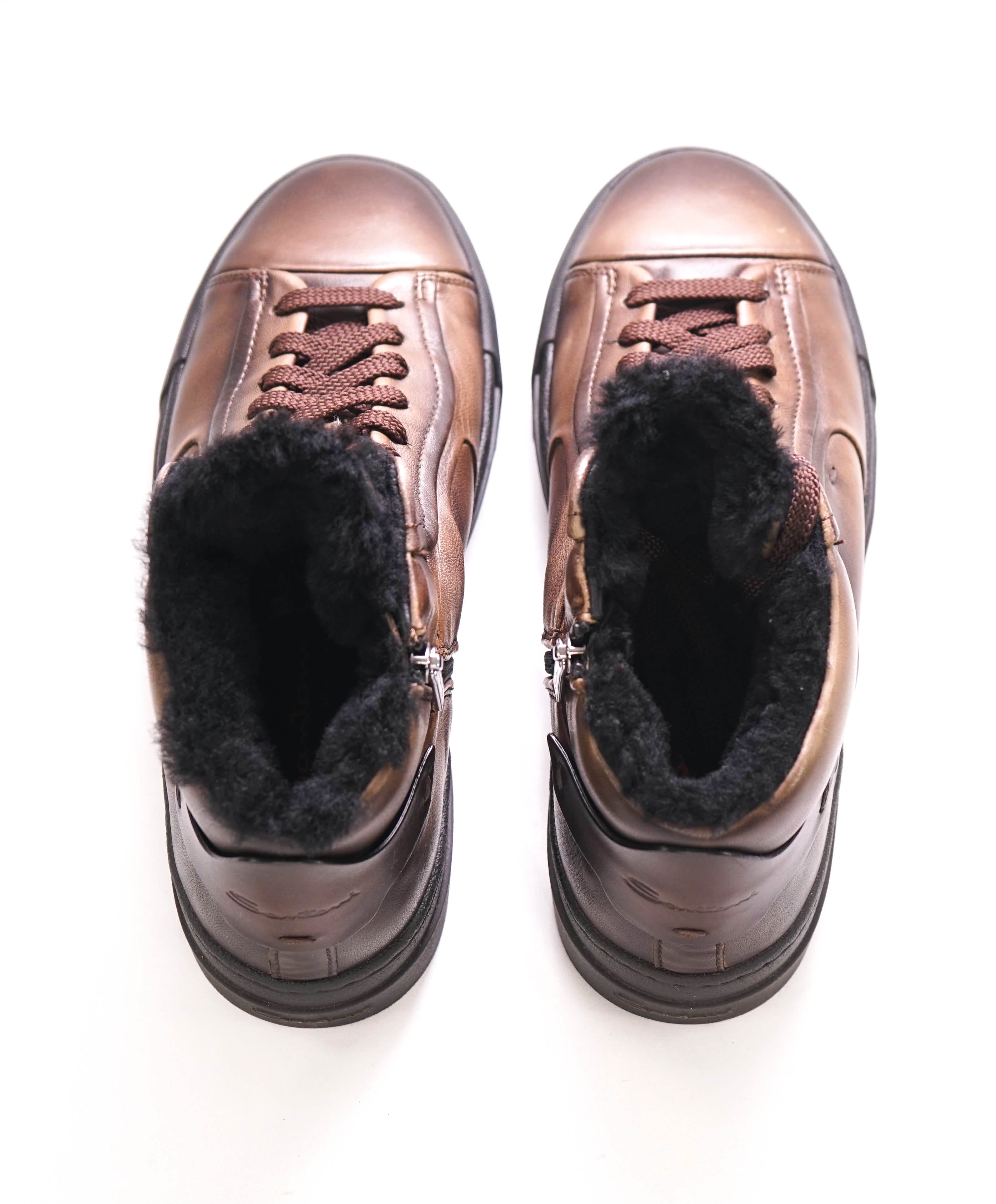 $1,495 SANTONI - Brown Patina FAUX FUR LINED Leather Sneaker - 8.5 (7.5 IT)