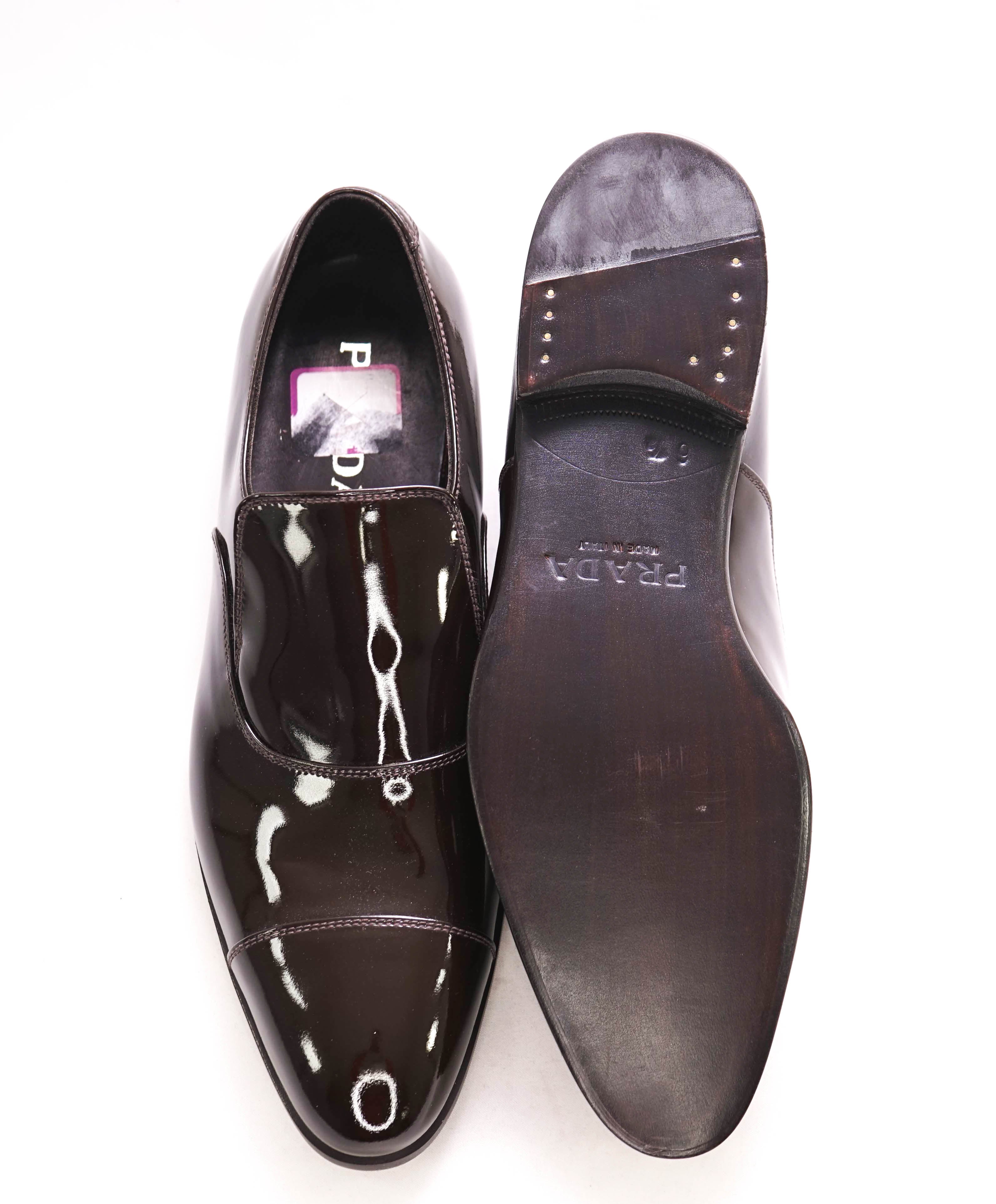 $950 PRADA - Brown Patent Leather Cap-Toe Loafers - 7.5 US (6.5 Prada)