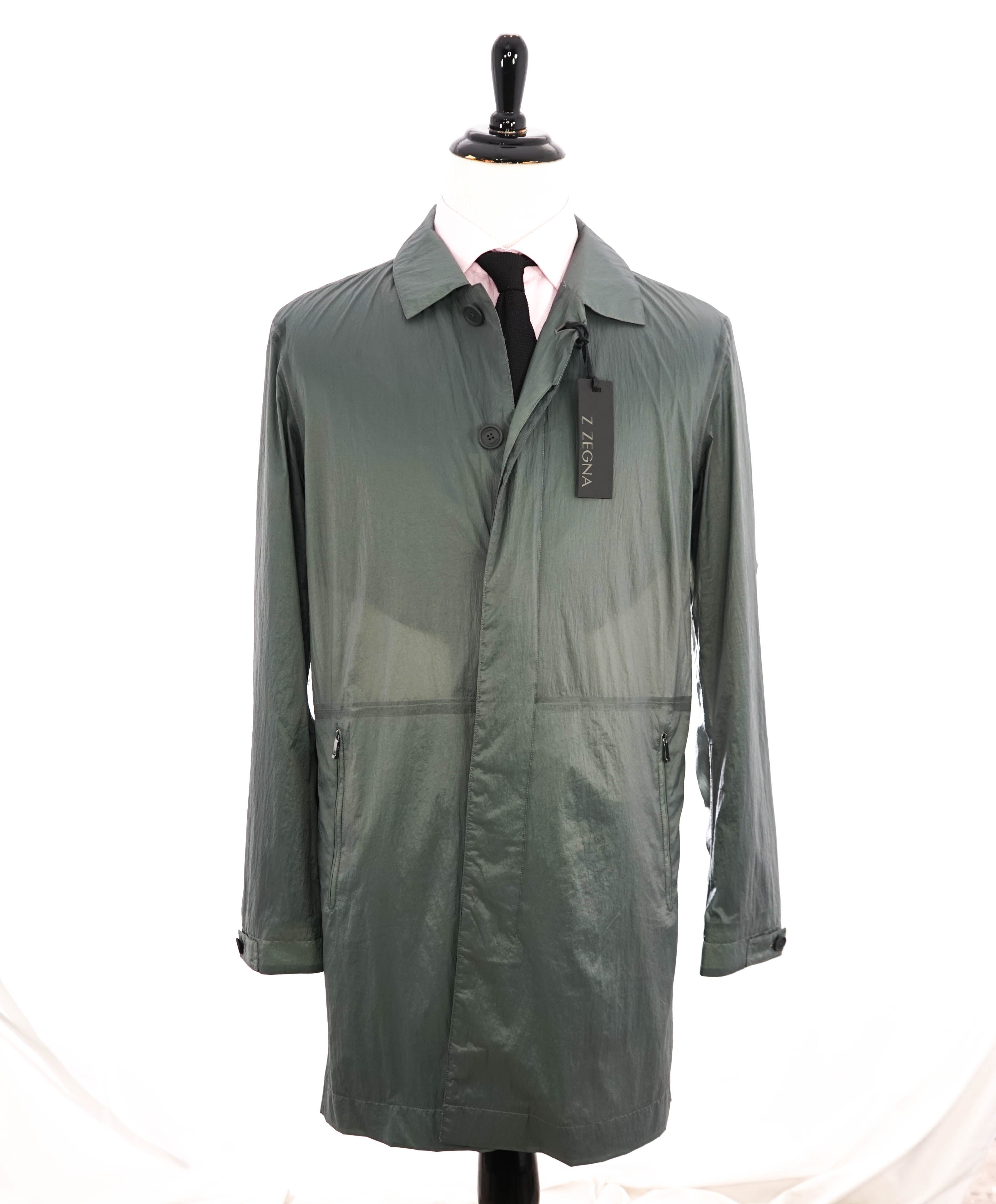 Z ZEGNA - WaterProof Sage Green Raincoat W Leather Logo - Mk