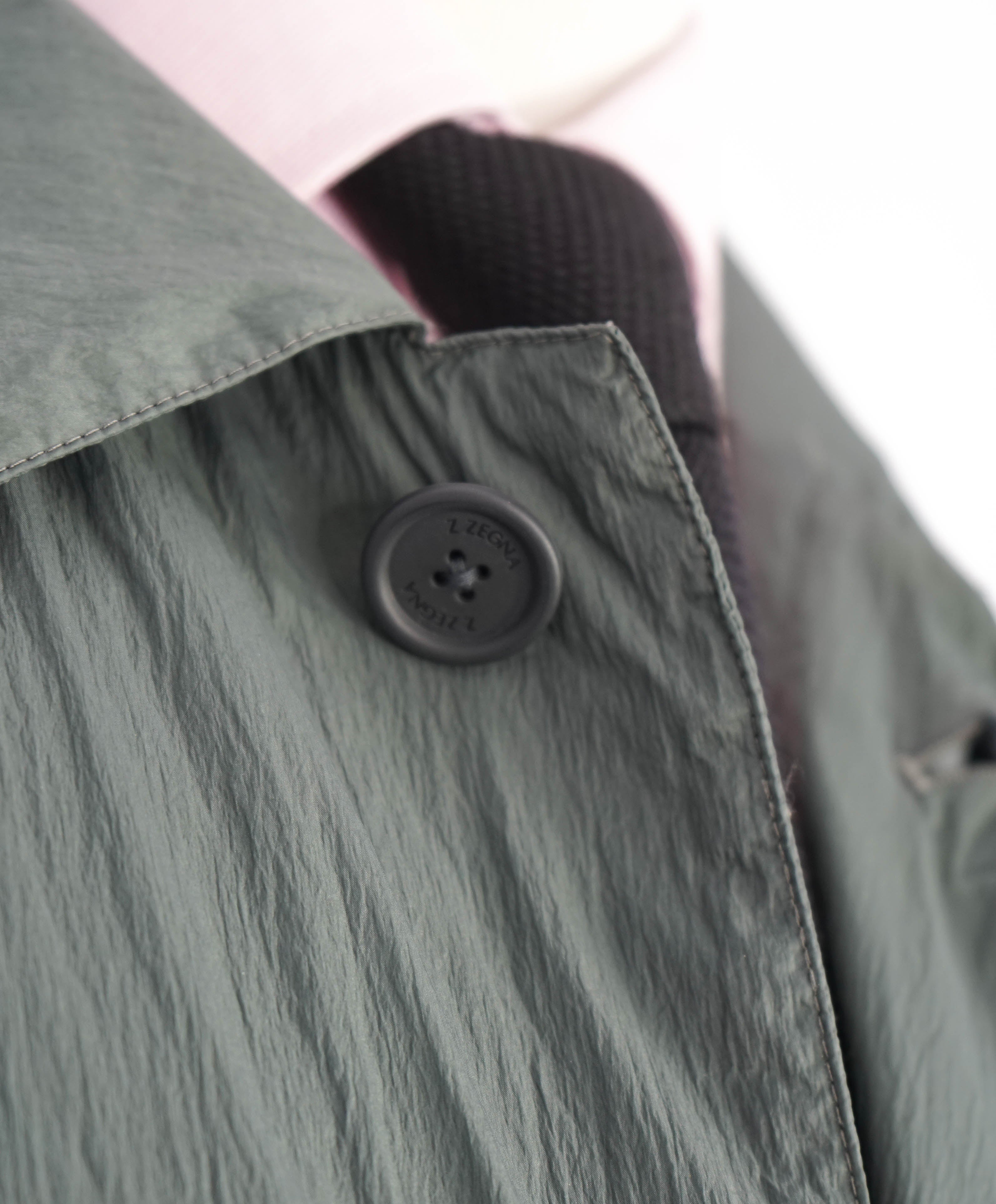 Z ZEGNA - WaterProof Sage Green Raincoat W Leather Logo - Mk