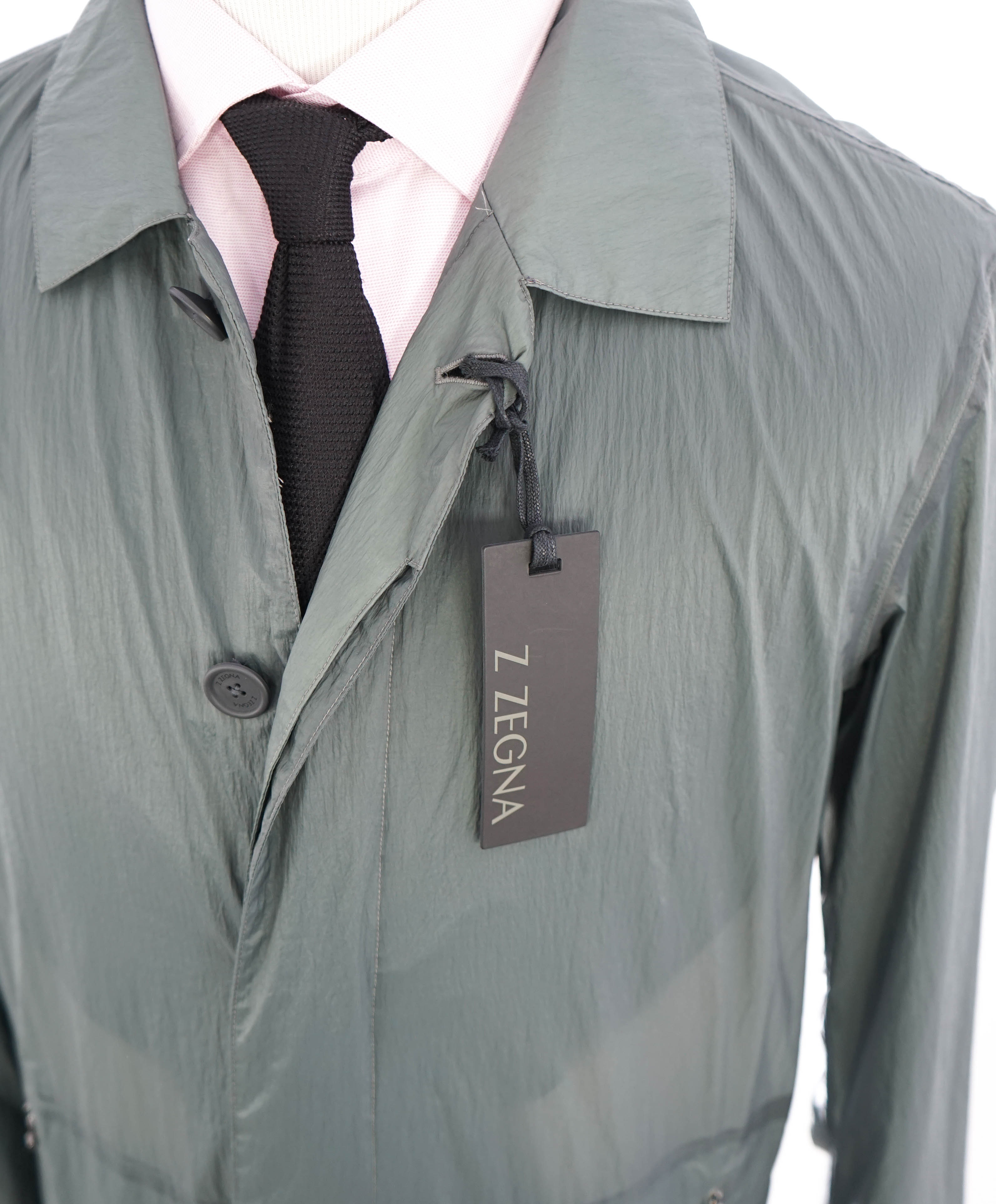 Z ZEGNA - WaterProof Sage Green Raincoat W Leather Logo - Mk