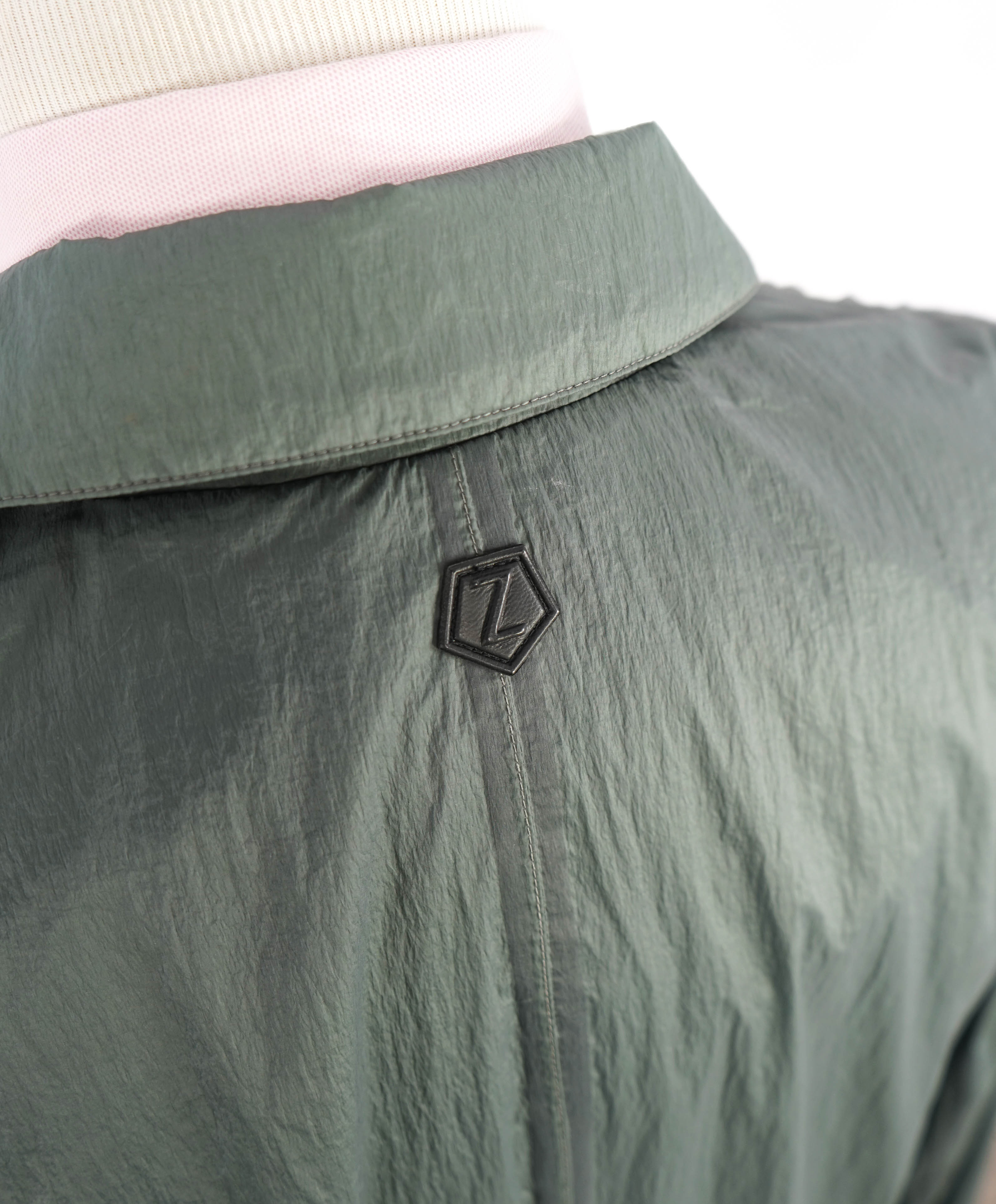 Z ZEGNA - WaterProof Sage Green Raincoat W Leather Logo - Mk