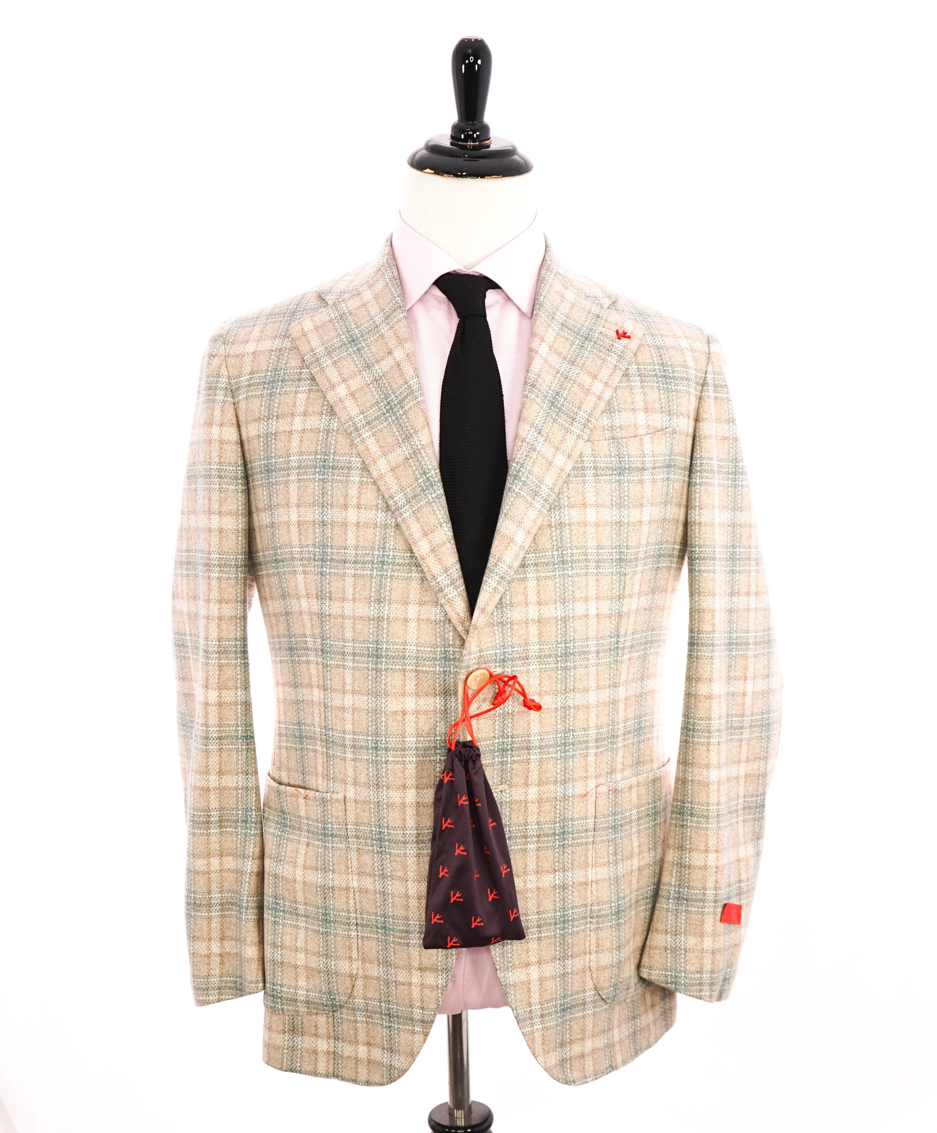 $4,995 ISAIA - 98% CASHMERE Neutral Beige Plaid Logo Blazer - 44R