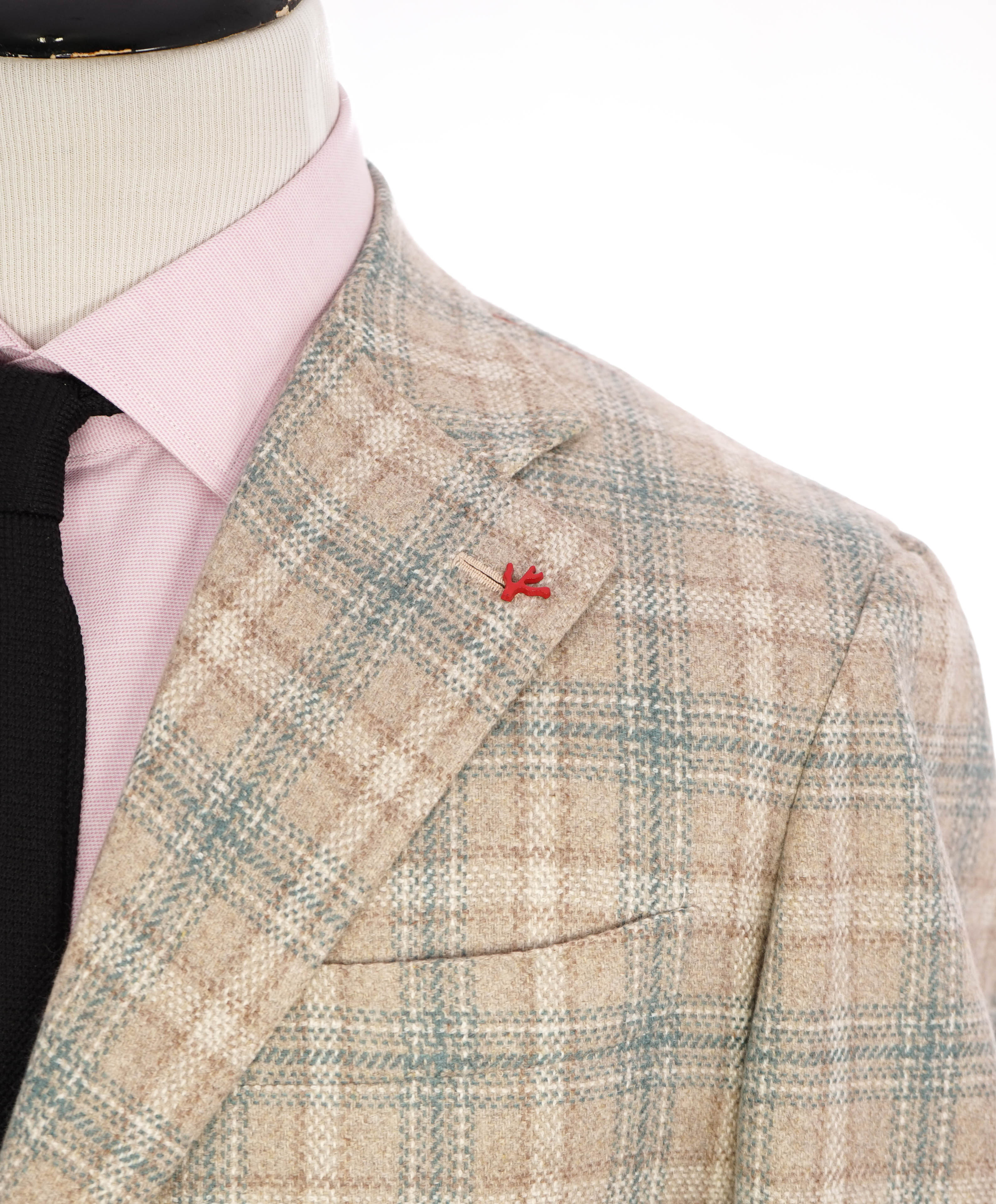 $4,995 ISAIA - 98% CASHMERE Neutral Beige Plaid Logo Blazer - 44R