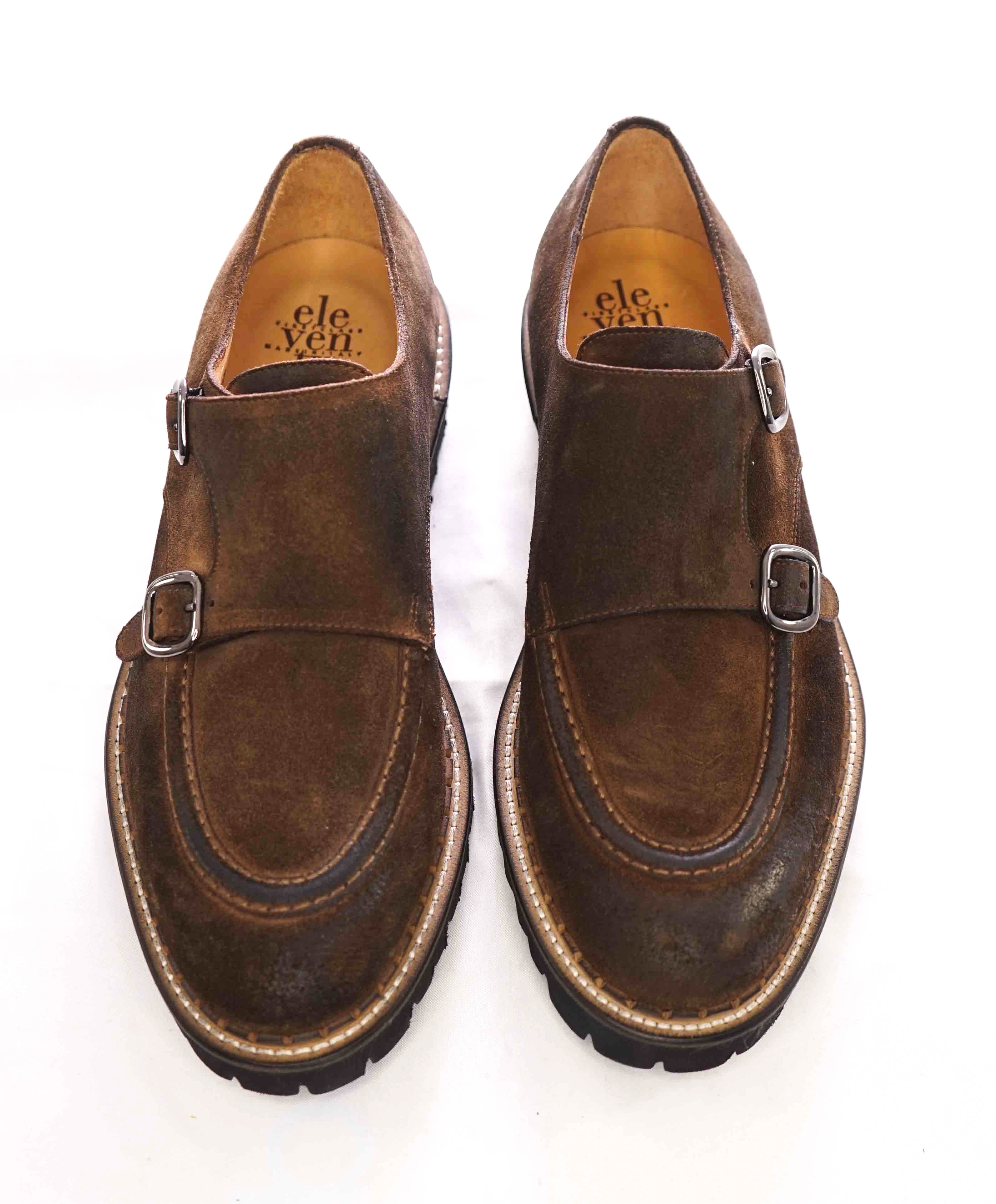 $795 ELEVENTY - Brown Monk Strap Loafers Distressed Brown Suede - 12 US (45EU)