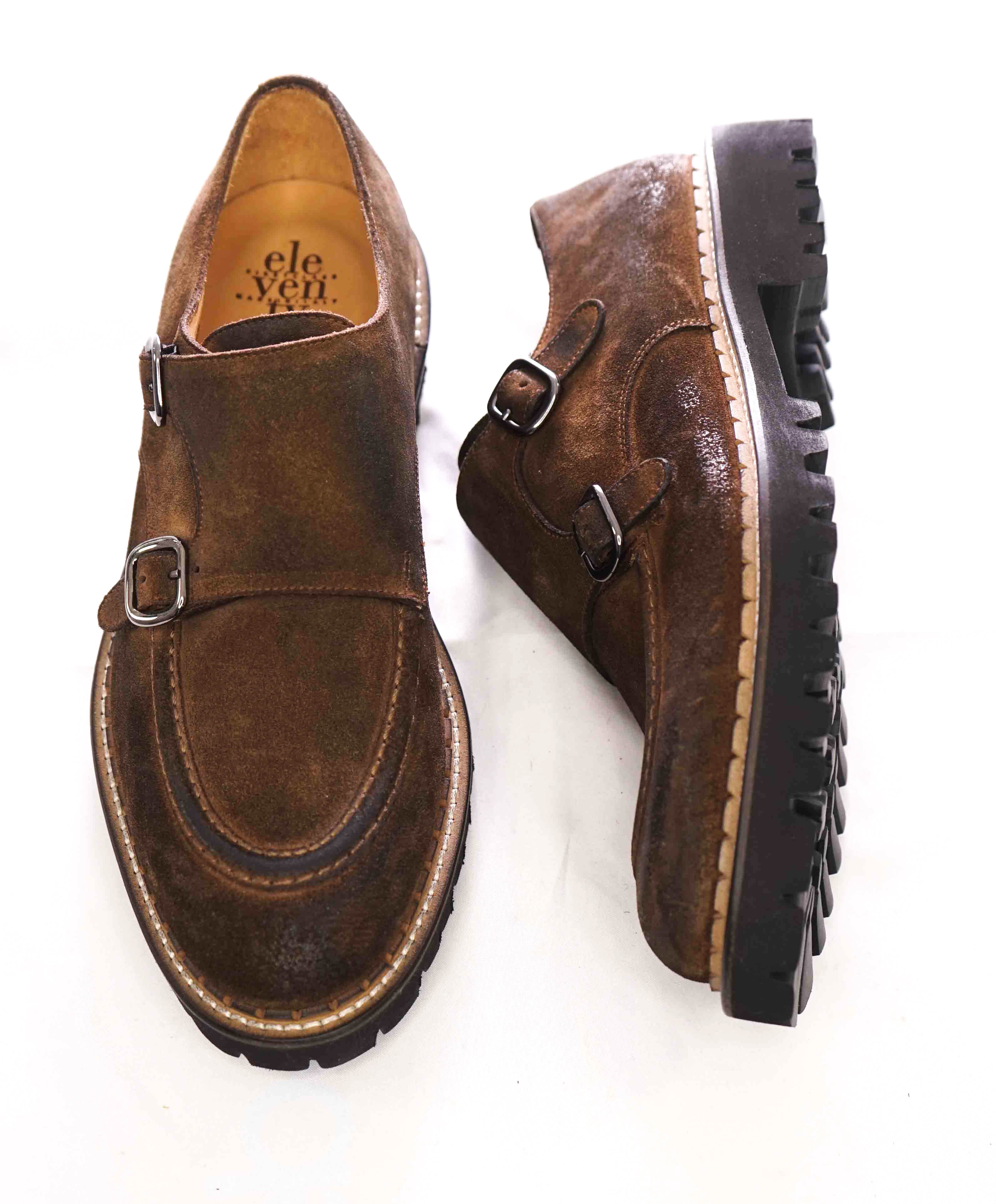 $795 ELEVENTY - Brown Monk Strap Loafers Distressed Brown Suede - 12 US (45EU)