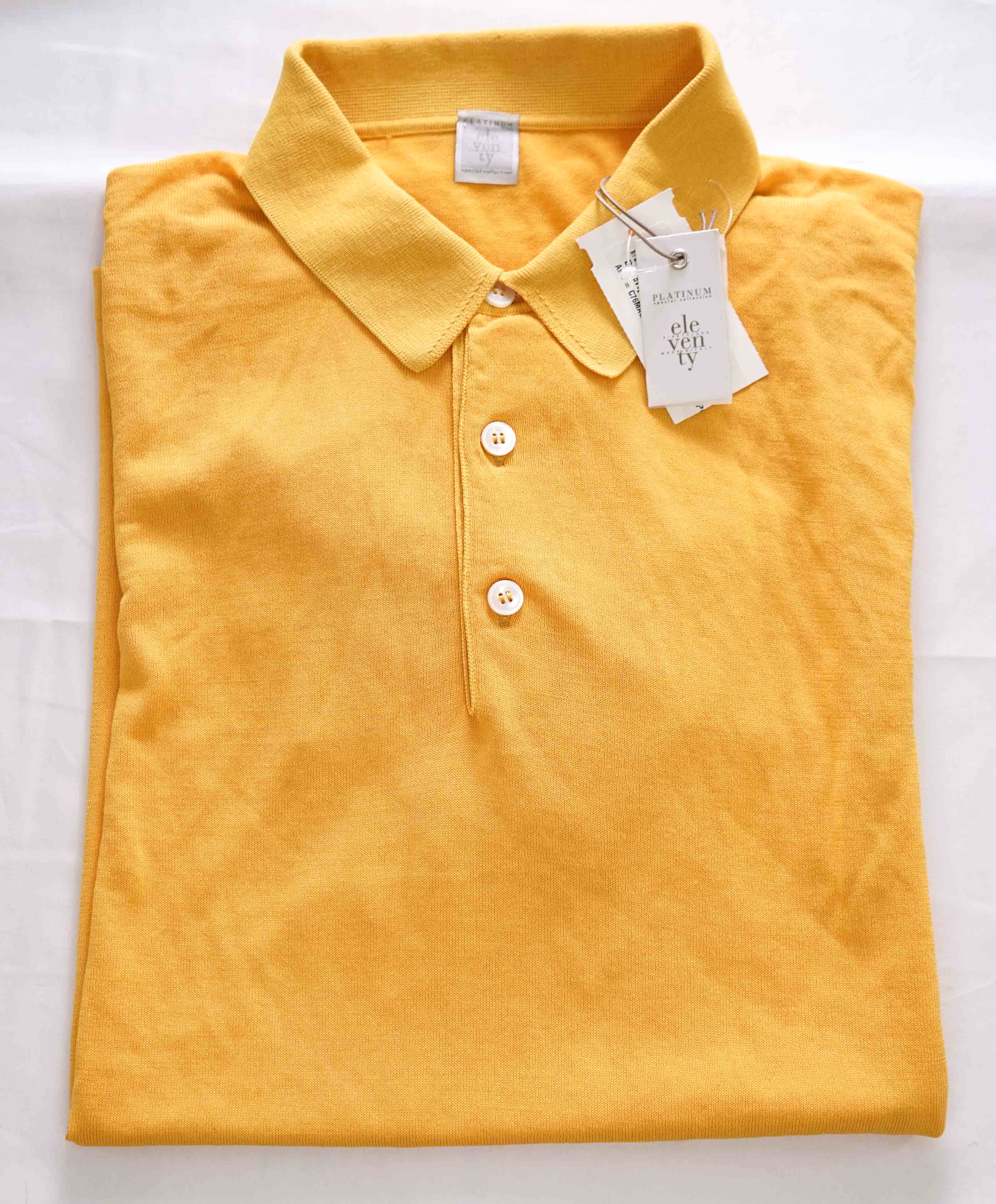 $345 ELEVENTY - Yellow Cotton MOP Button Pique Polo Shirt - Large