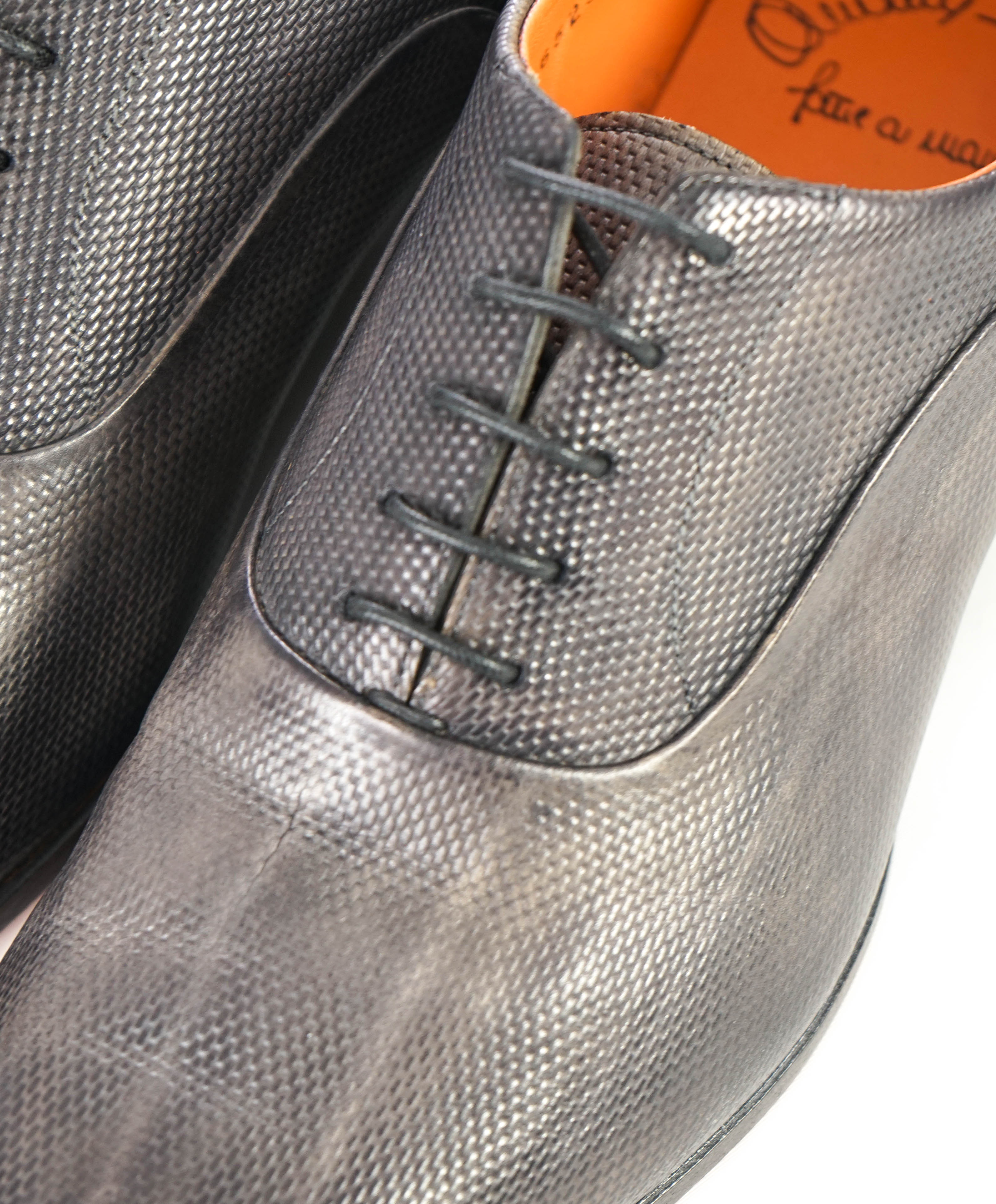 $1,295 SANTONI - "Fatte A Mano" Gray Patina Texture Hand Made - 10.5 (9.5)