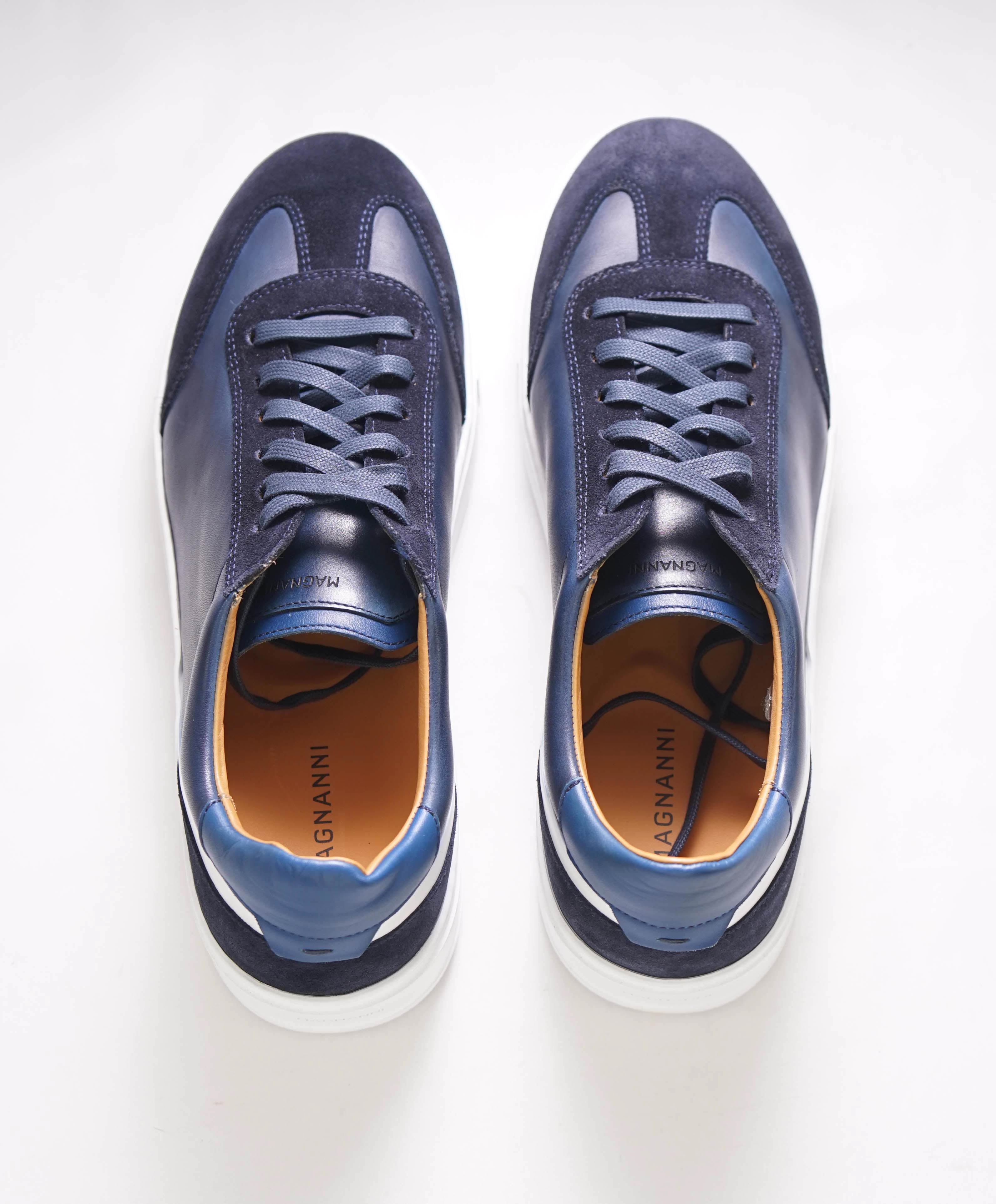 MAGNANNI - Lace Up Blue Leather Sneakers W Rubber Sole - 8 US