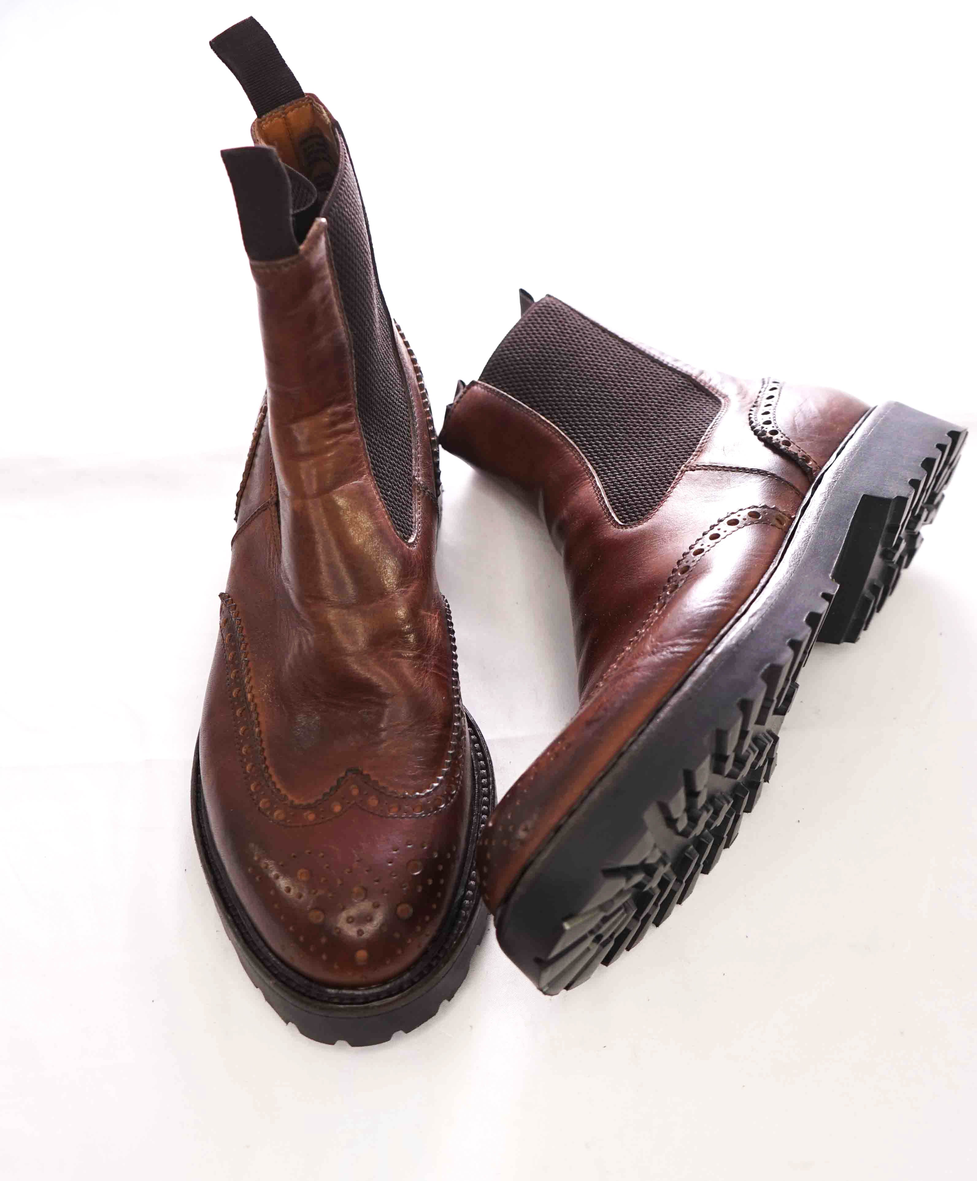 $695 ELEVENTY - Brown Brogue Leather Distressed Chelsea Boots - 8 US (41EU)