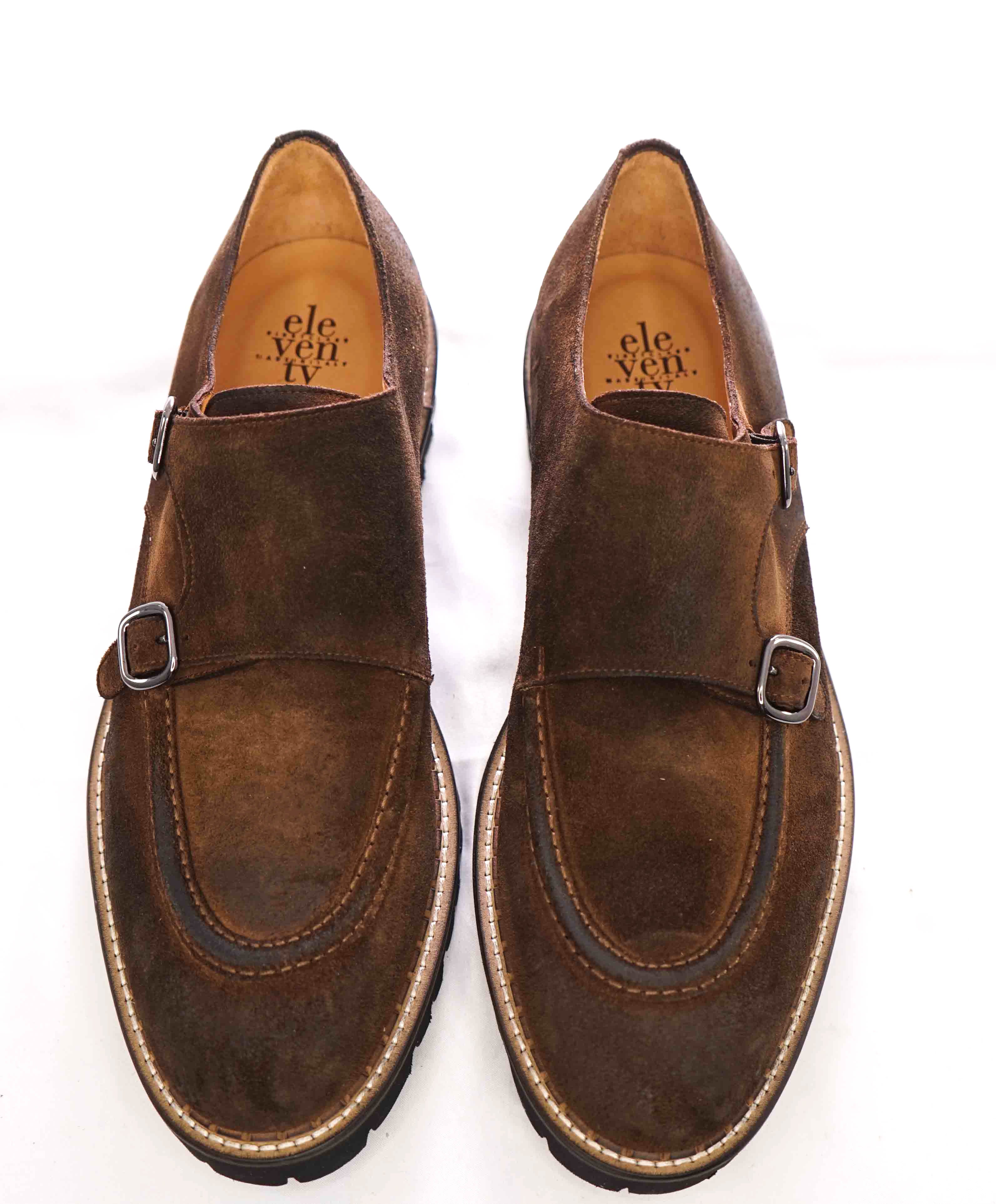 $795 ELEVENTY - Brown Monk Strap Loafers Distressed Brown Suede - 12 US (45EU)