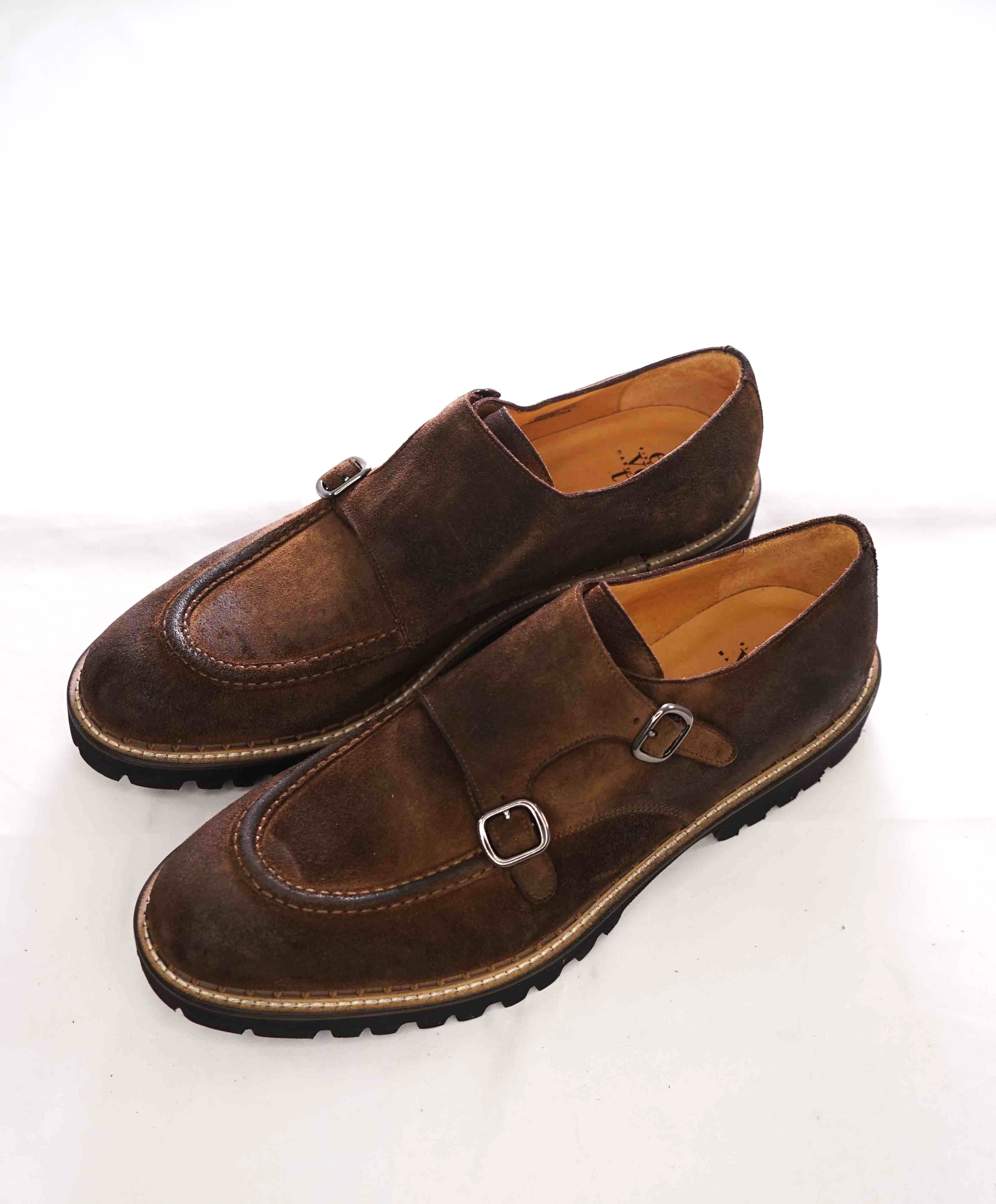 $795 ELEVENTY - Brown Monk Strap Loafers Distressed Brown Suede - 12 US (45EU)