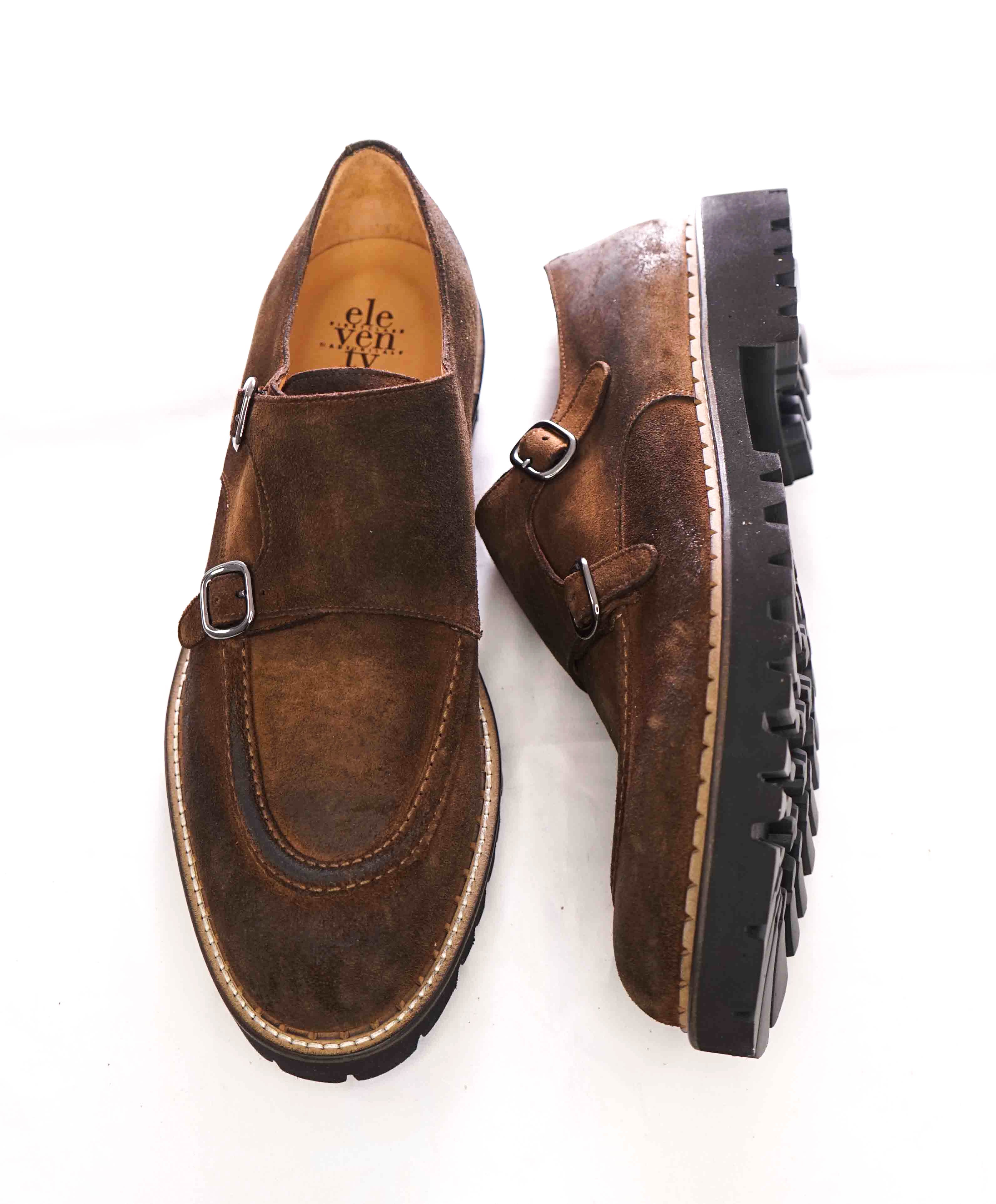 $795 ELEVENTY - Brown Monk Strap Loafers Distressed Brown Suede - 12 US (45EU)