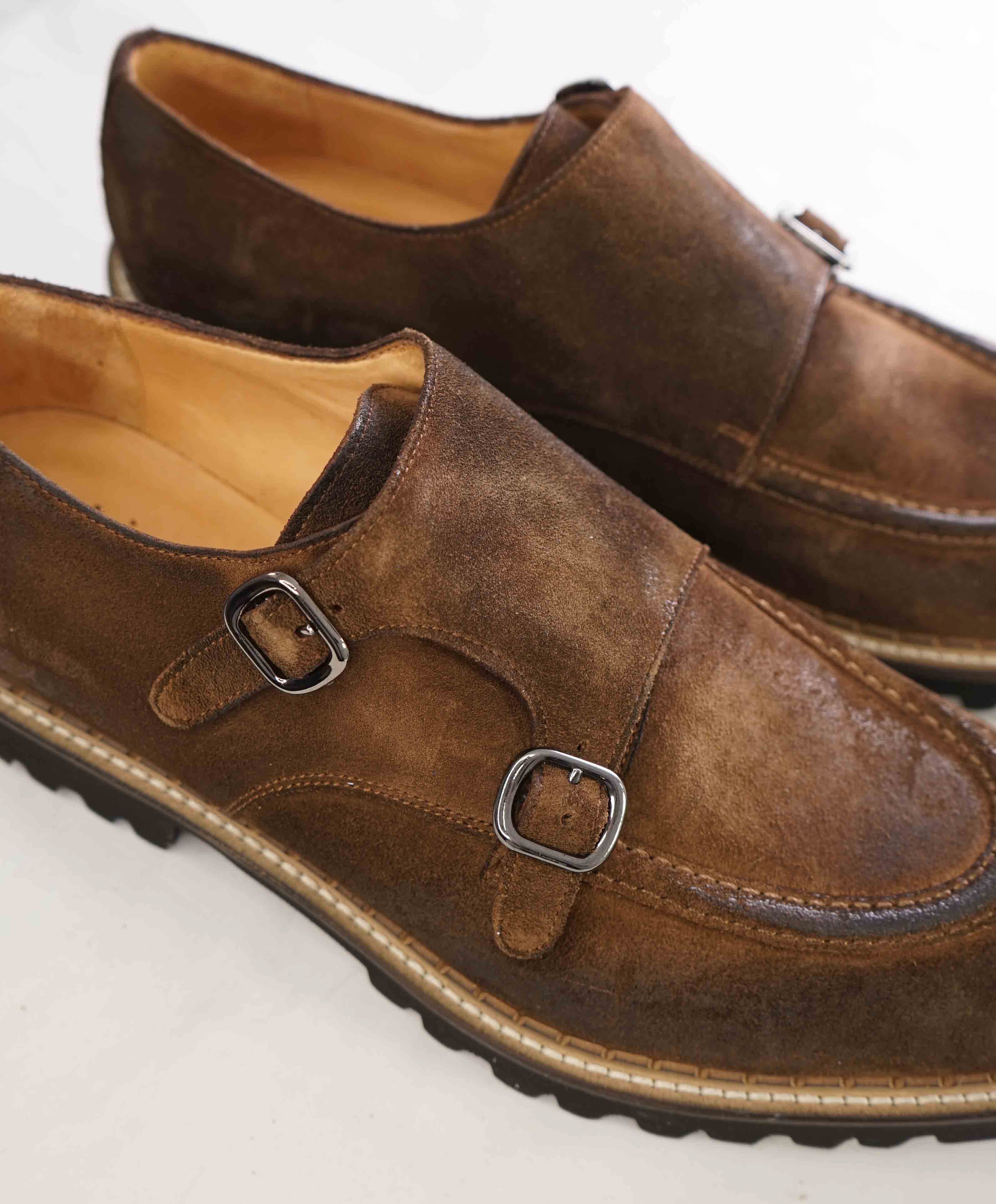 $795 ELEVENTY - Brown Monk Strap Loafers Distressed Brown Suede - 12 US (45EU)