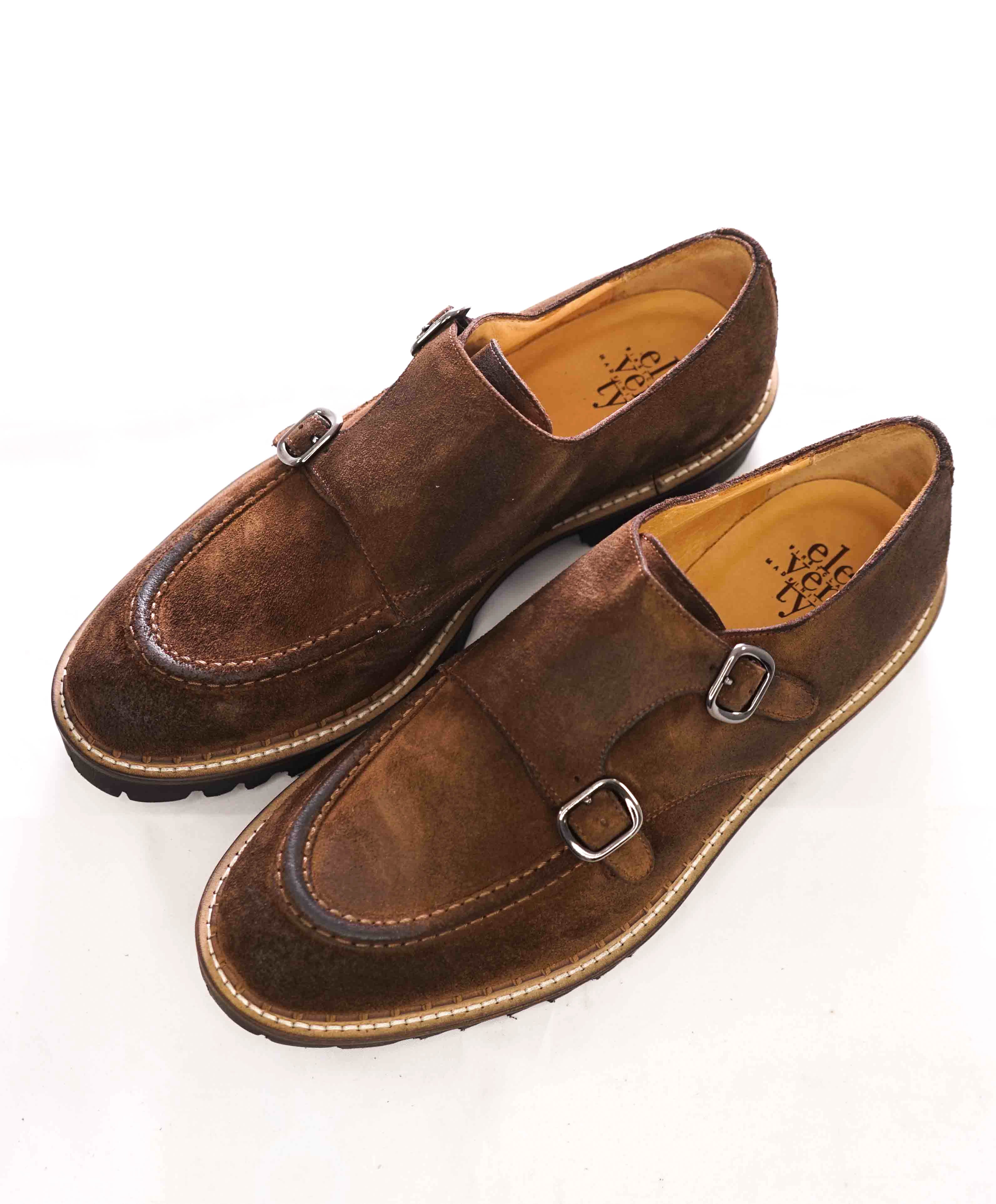 $795 ELEVENTY - Brown Monk Strap Loafers Distressed Brown Suede - 8 US (41EU)